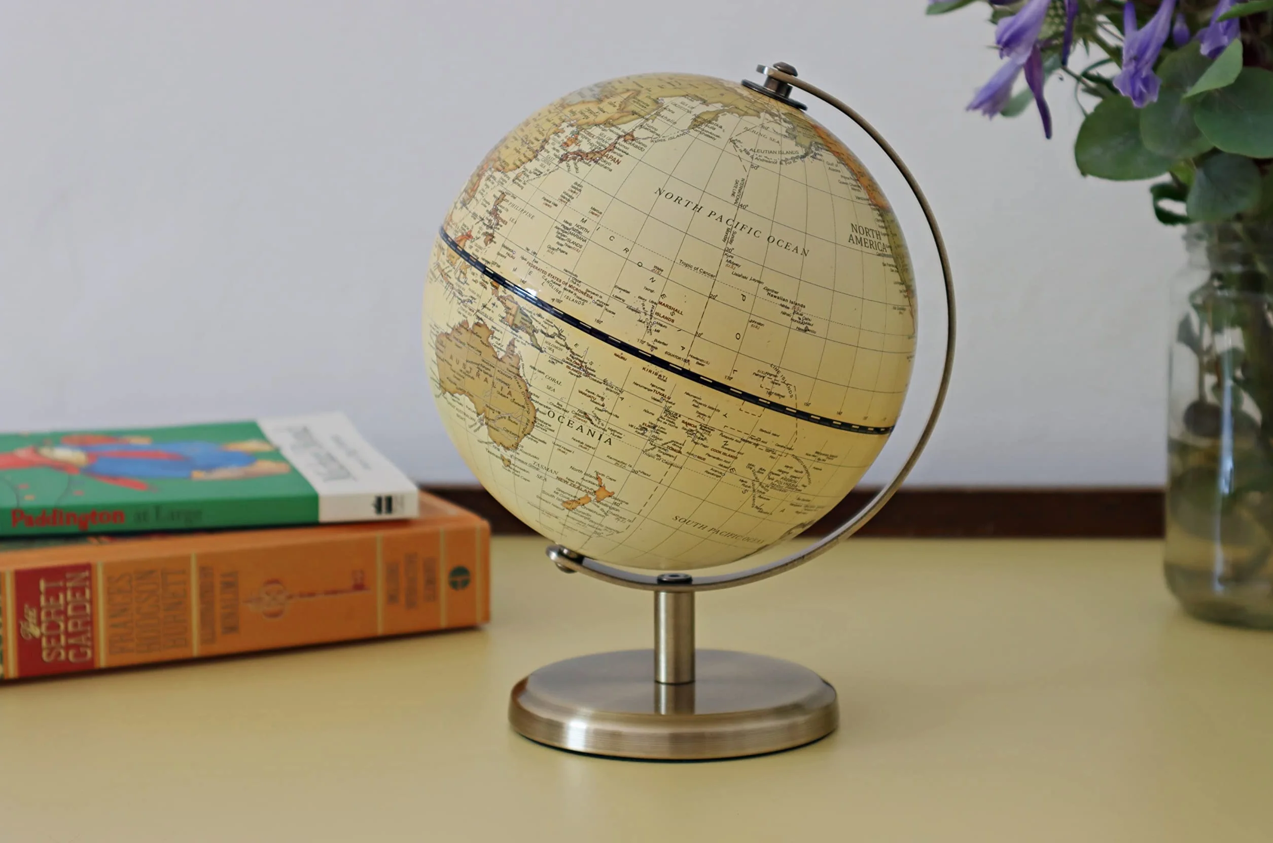 Exerz 14 cm globus światowy mini antyczny globus - edukacyjna/geograficzna/nowoczesna dekoracja biurka - średnica 14 cm metalowy łuk i podstawa brązowy kolor - szkoła, dom i biuro
