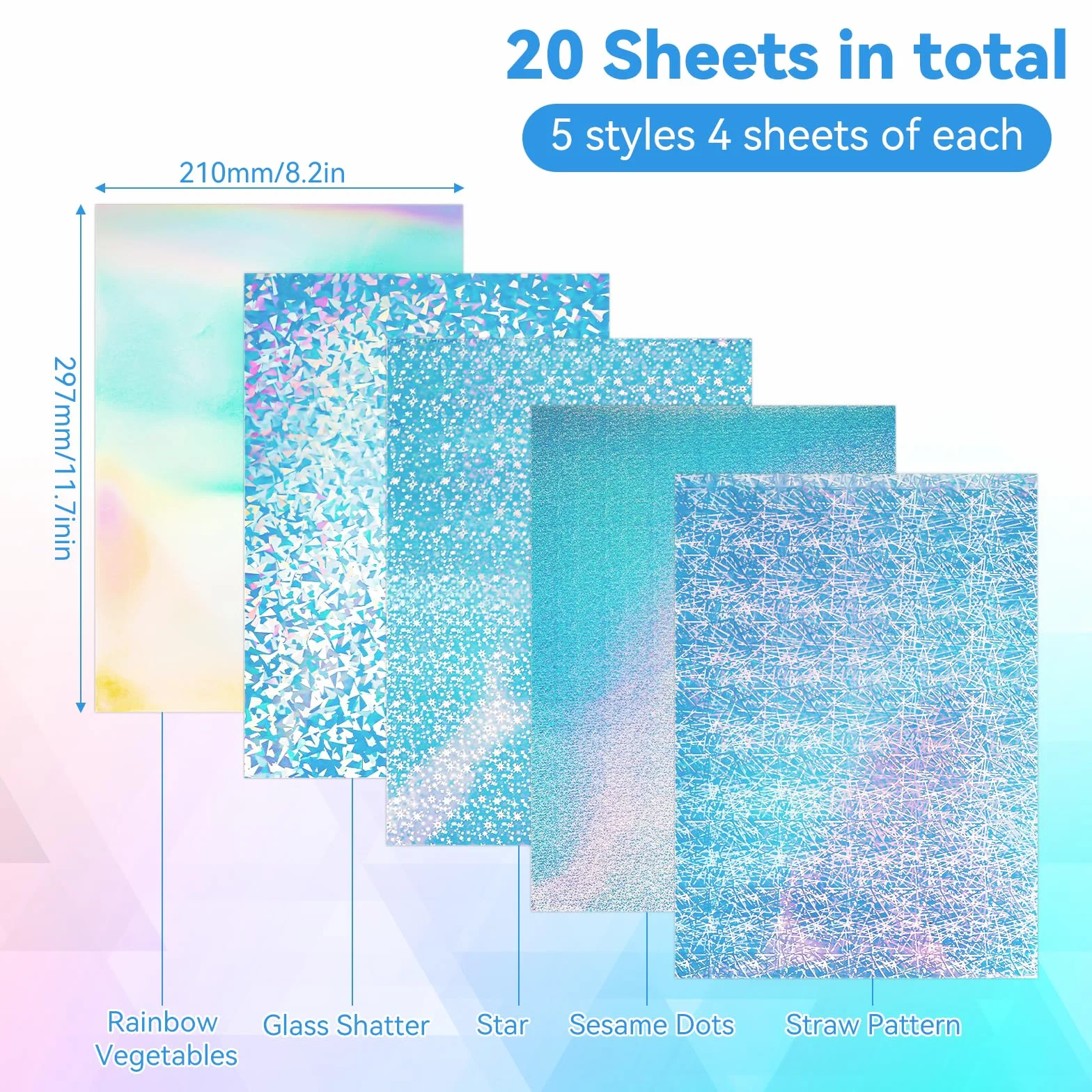 20 sztuk naklejek holograficznych A4, opalizujących, do drukowania na atramentowe drukarki, papier brokatowy do majsterkowania, 5 stylów