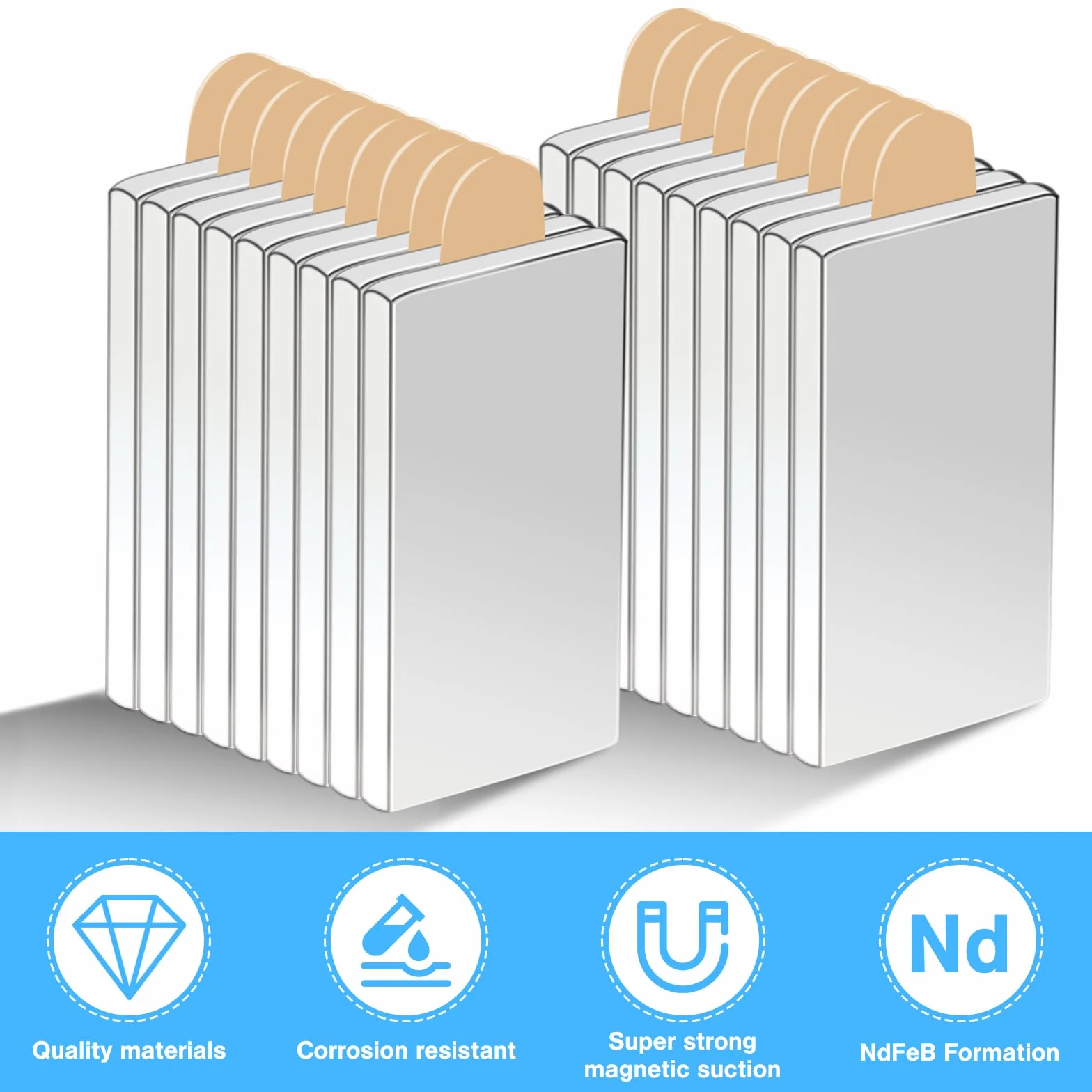 Samoprzylepne magnesy neodymowe 30×10×3 mm, 20 sztuk, silne magnesy do lodówki