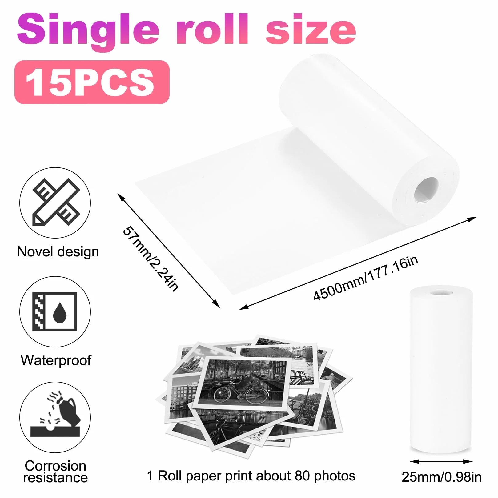 15 rolek papieru termicznego do kamery dziecięcej, do aparatu natychmiastowego, 57 mm x 25 mm, rolki termiczne, papier do uzupełniania, do aparatów natychmiastowych (łącznie 4,5 m długości)