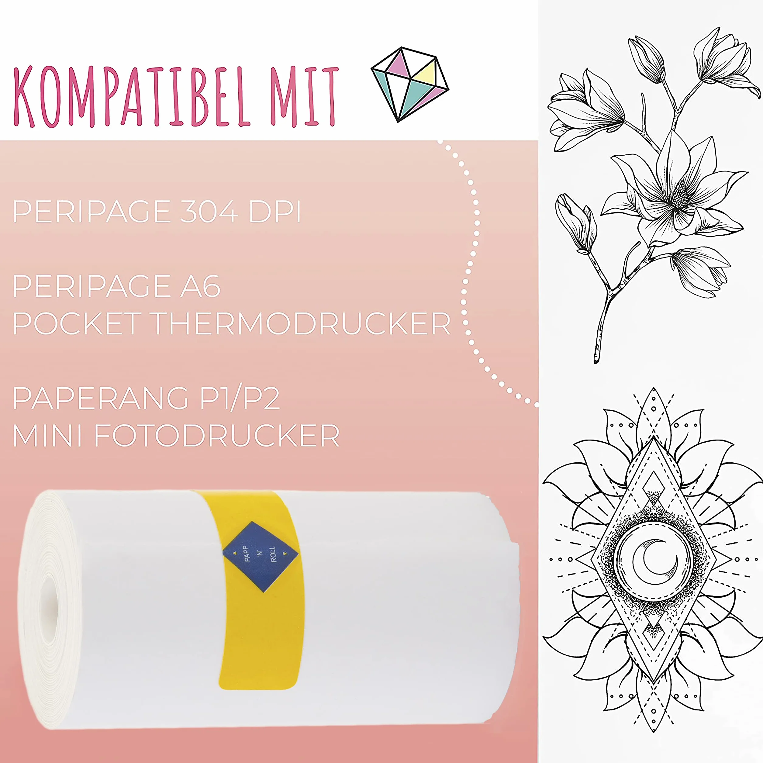 Papp'n'Roll Papier termiczny dla dzieci i mini drukarki, jak PeriPage A6/Paperang P1 P1/Poooli do KidiZoom 57 x 30 mm