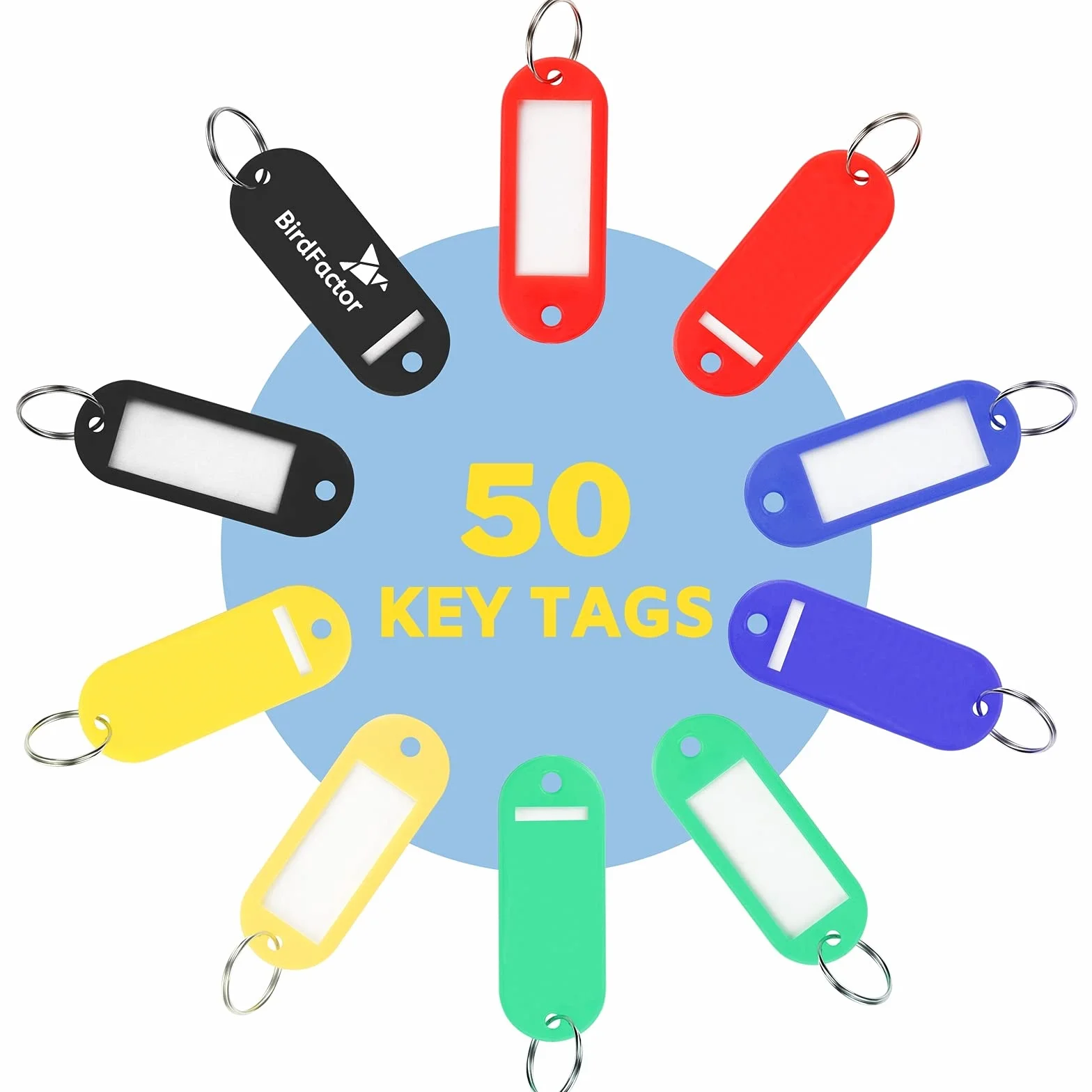 Zestaw 50 zawieszek do kluczy z etykietami, 5 kolorów, plastikowe pudełko z dodatkowymi etykietami papierowymi, breloczkami i brelokami do kluczy