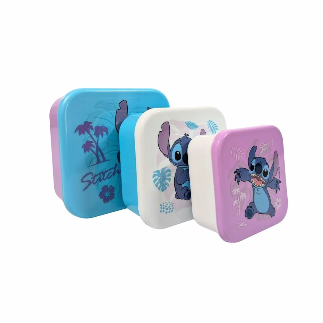 Stitch Pudełko na lunch, zestaw 3 sztuki, z możliwością układania w stos, 11,5 cm, dla dzieci, do żłobka, przedszkola, szkoły, na wakacje – fioletowe/niebieskie/białe