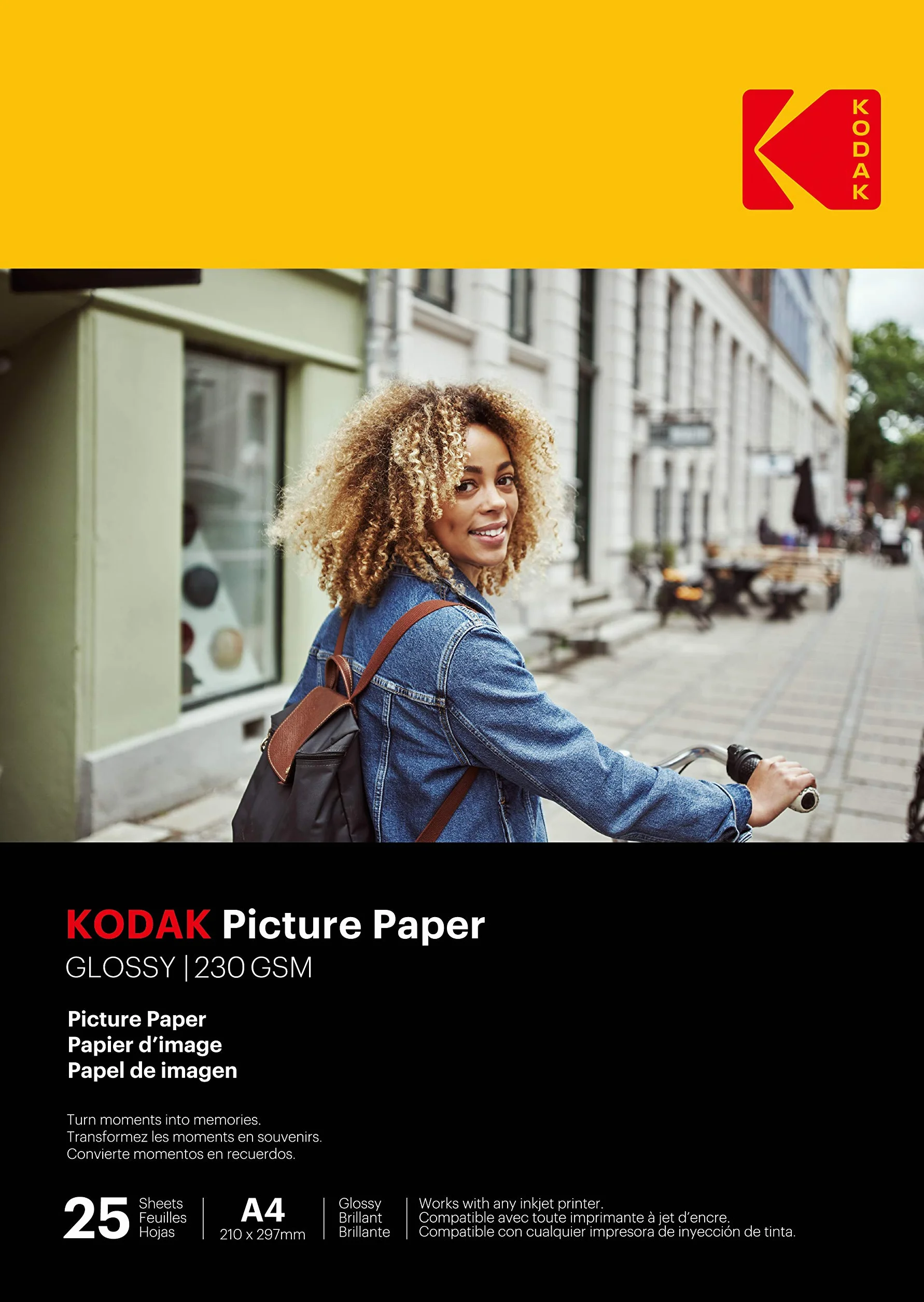 KODAK Picture Paper - Błyszczący papier fotograficzny, opakowanie 25 arkuszy, format A4 (21x29,7cm), 230g/m², idealny do druku atramentowego, żywe kolory i wysoki kontrast, wysokiej jakości