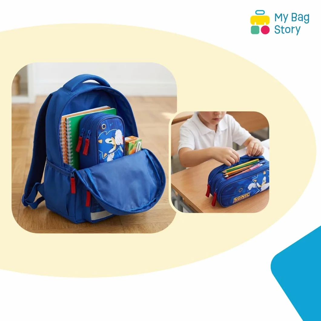mybagstory - Piórnik z dwoma przegródkami - dla dzieci - szkoła, przedszkole, przedszkole, chłopiec, rozmiar 22 cm, pomysł na prezent dla dziewczynki, Sonic - Niebieski, Klasyczny
