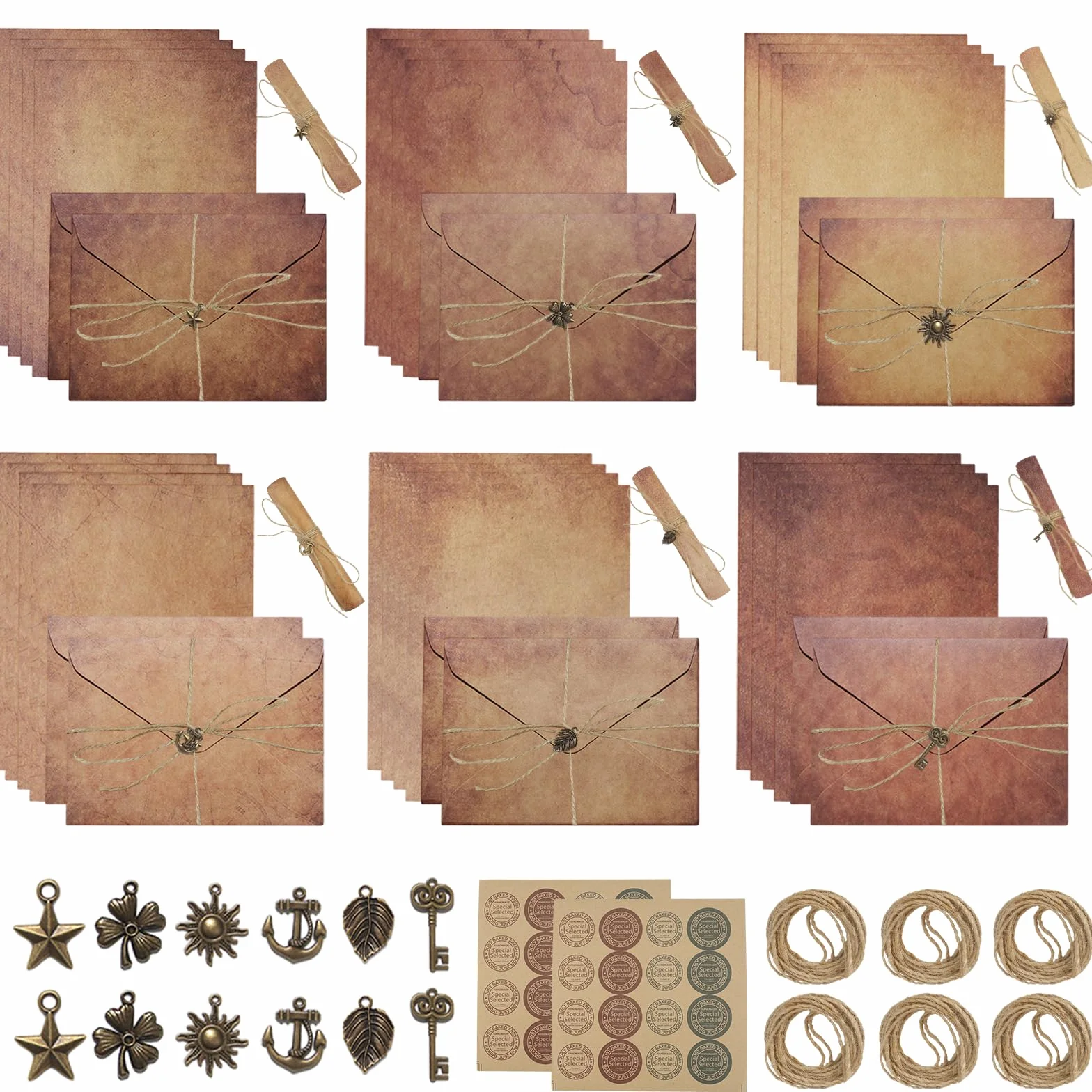 Zestaw 68 sztuk papieru listowego, szlachetne, 24 stary papier vintage, 12 kopert w stylu retro, 18 lin konopnych, 2 naklejki na arkusze, 12 kluczy, papier listowy z kopertą, brązowy, A4 na wesela,