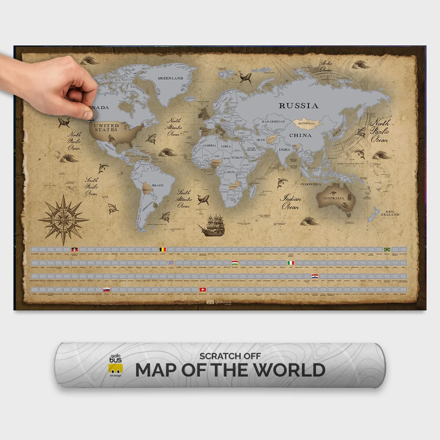 Giallobus Mapa świata do zdrapywania 68L x 43,5 cm srebrna