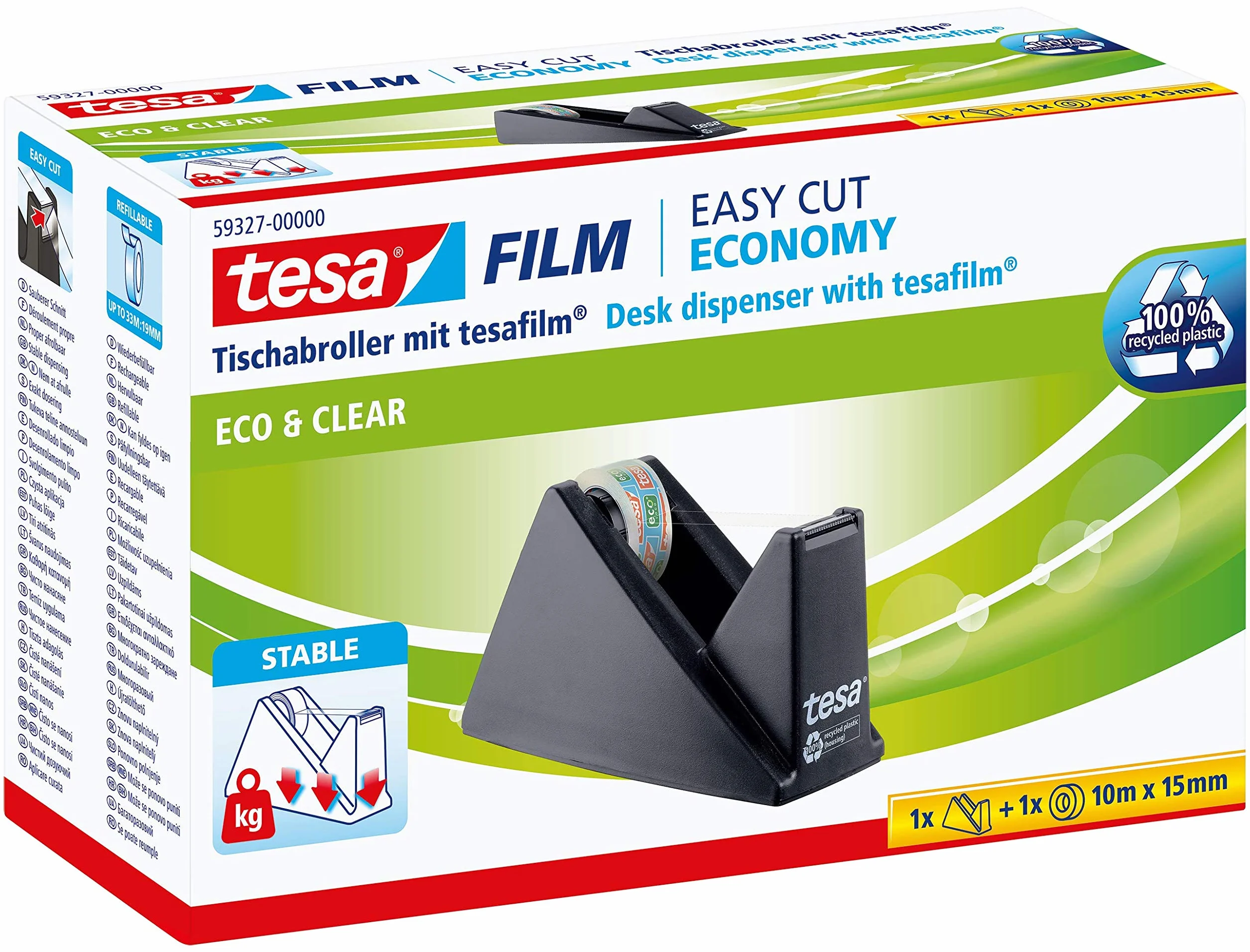 tesa DYSPENSER BIURKOWY ECONOMY RECYCLED - obudowa z 100% tworzywa z recyklingu, dyspenser stołowy z 1 rolką tesafilm CLEAR RECYCLED 10 m x 15 mm
