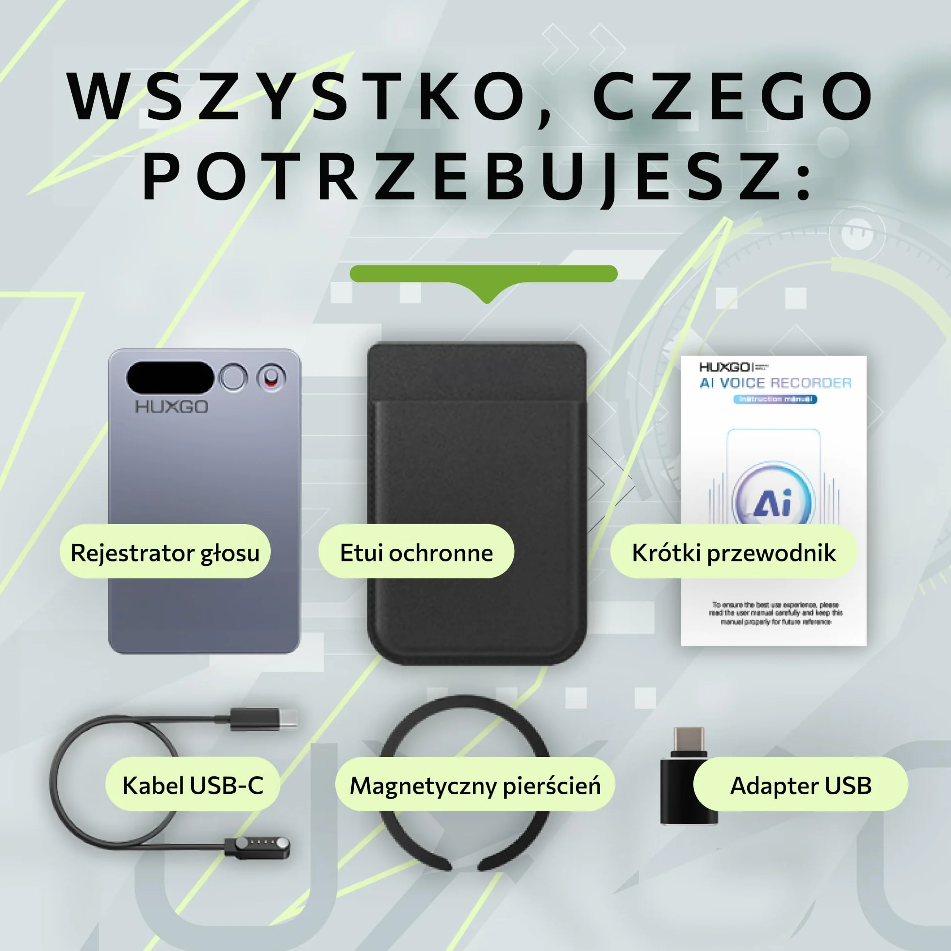 Dyktafon Cyfrowy AI 64GB HUXGO z Podwójnym Mikrofonem Redukcją Szumów Bluetooth 5.3 35h Nagrywania