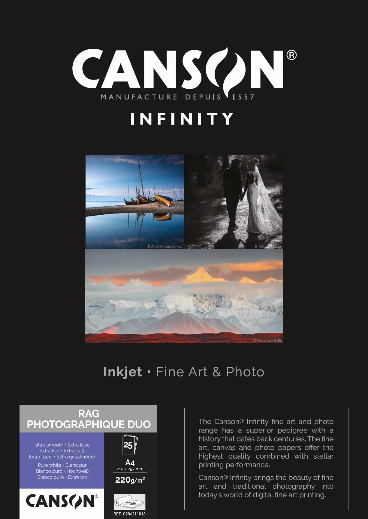Canson Infinity Rag Photographique Duo 220 gsm, dwustronny, ultra-gładki matowy papier atramentowy, A4, pudełko 25 arkuszy
