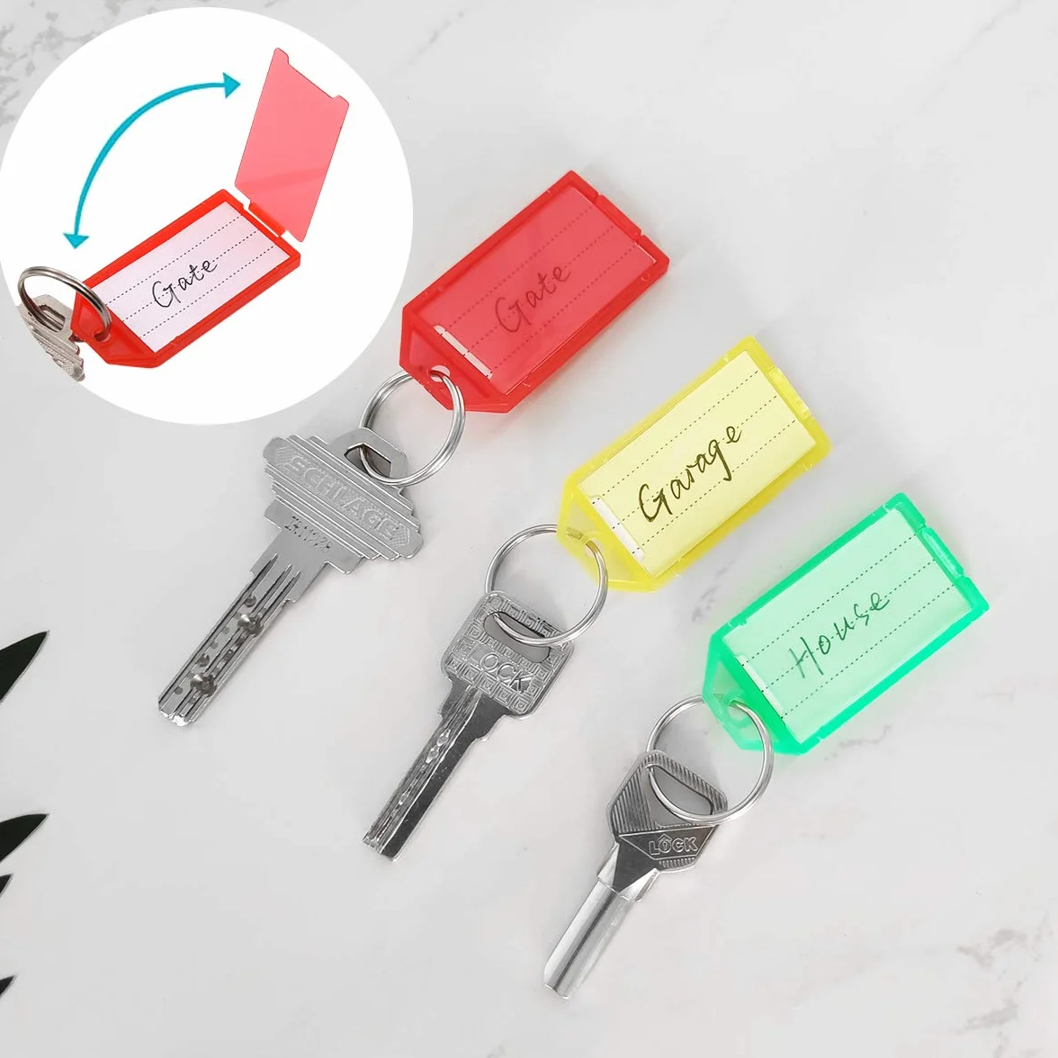 Coideal 60 sztuk wytrzymałych plastikowych zawieszek do kluczy z mocnym pierścieniem i etykietą klapową, kolorowy identyfikator, brelok do kluczy, 6 różnych kolorów