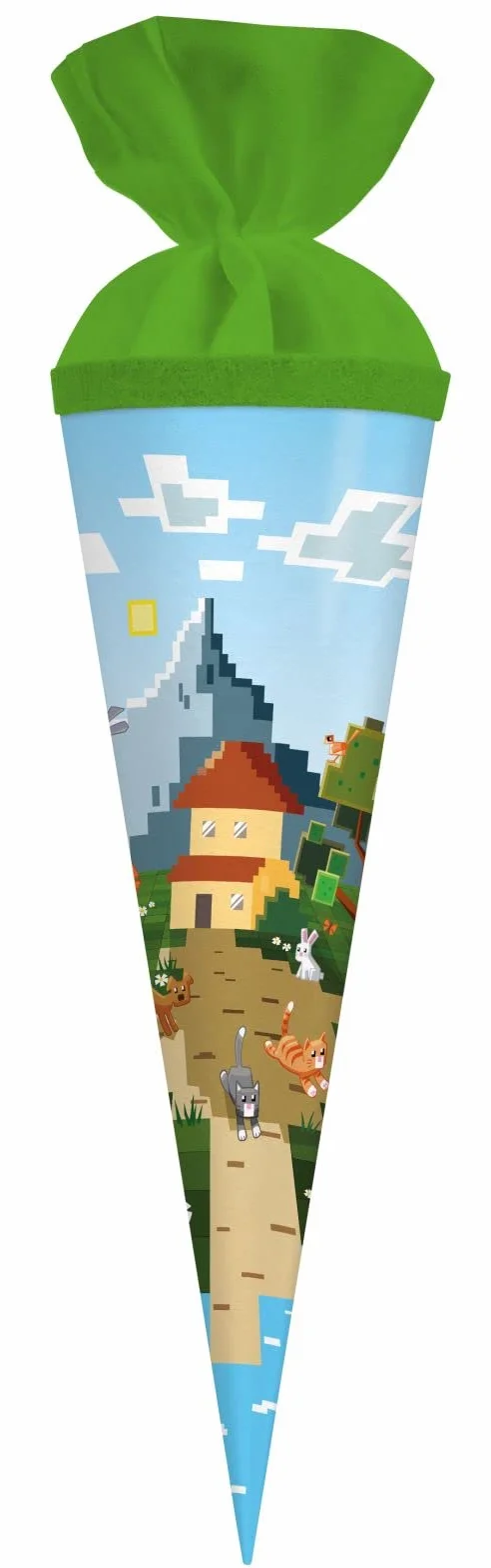 goldbuch 93 124 rożek dla rodzeństwa Mein Game, rożek szkolny z kolorowym motywem, lakierowany karton, opakowanie na prezent z zielonym zamknięciem filcowym (bez tasiemki), rożek na słodycze okrągły