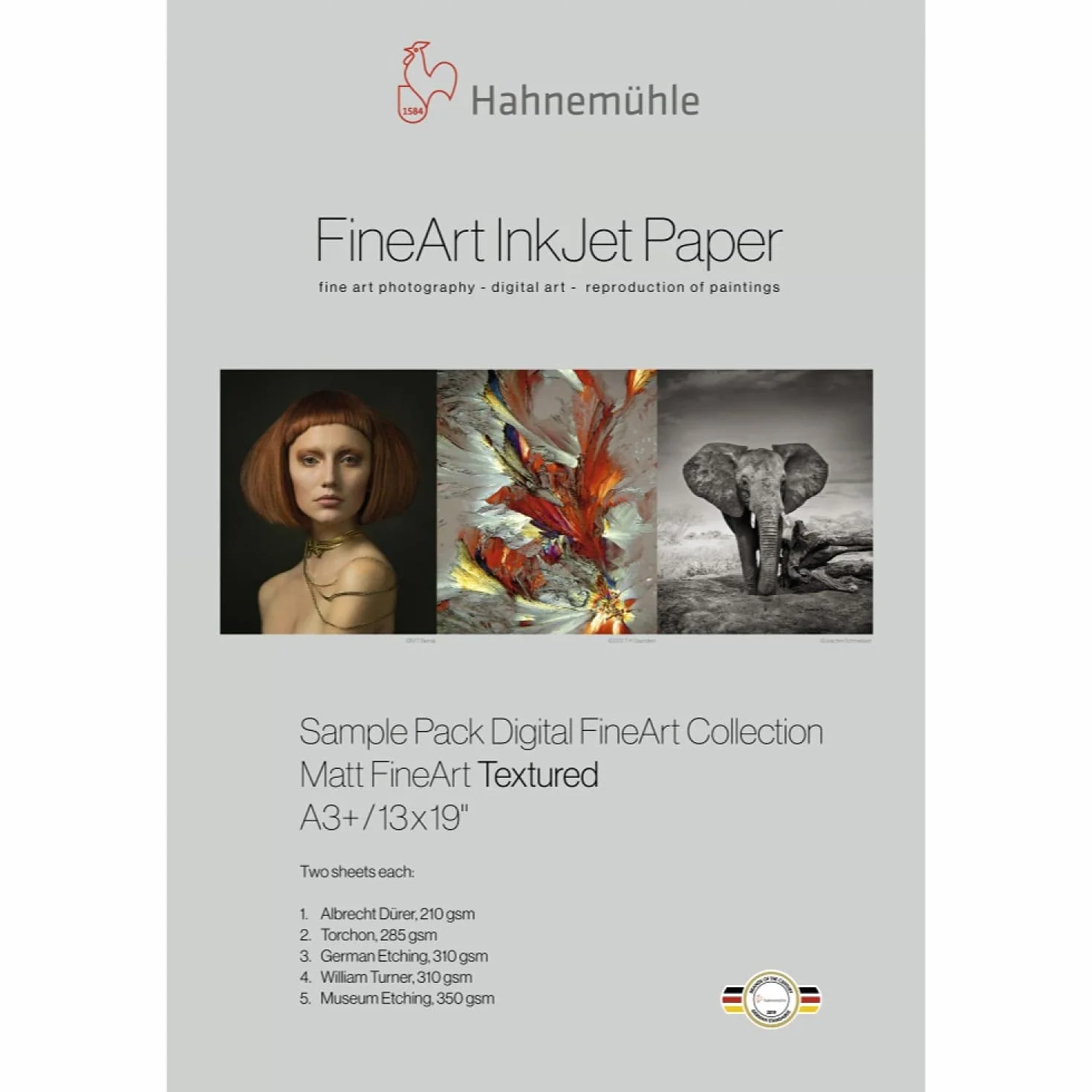 Hahnemuhle Matowy FineArt teksturowany papier atramentowy pakiet próbek, 33 x 48 cm DIN A3+, 10 arkuszy