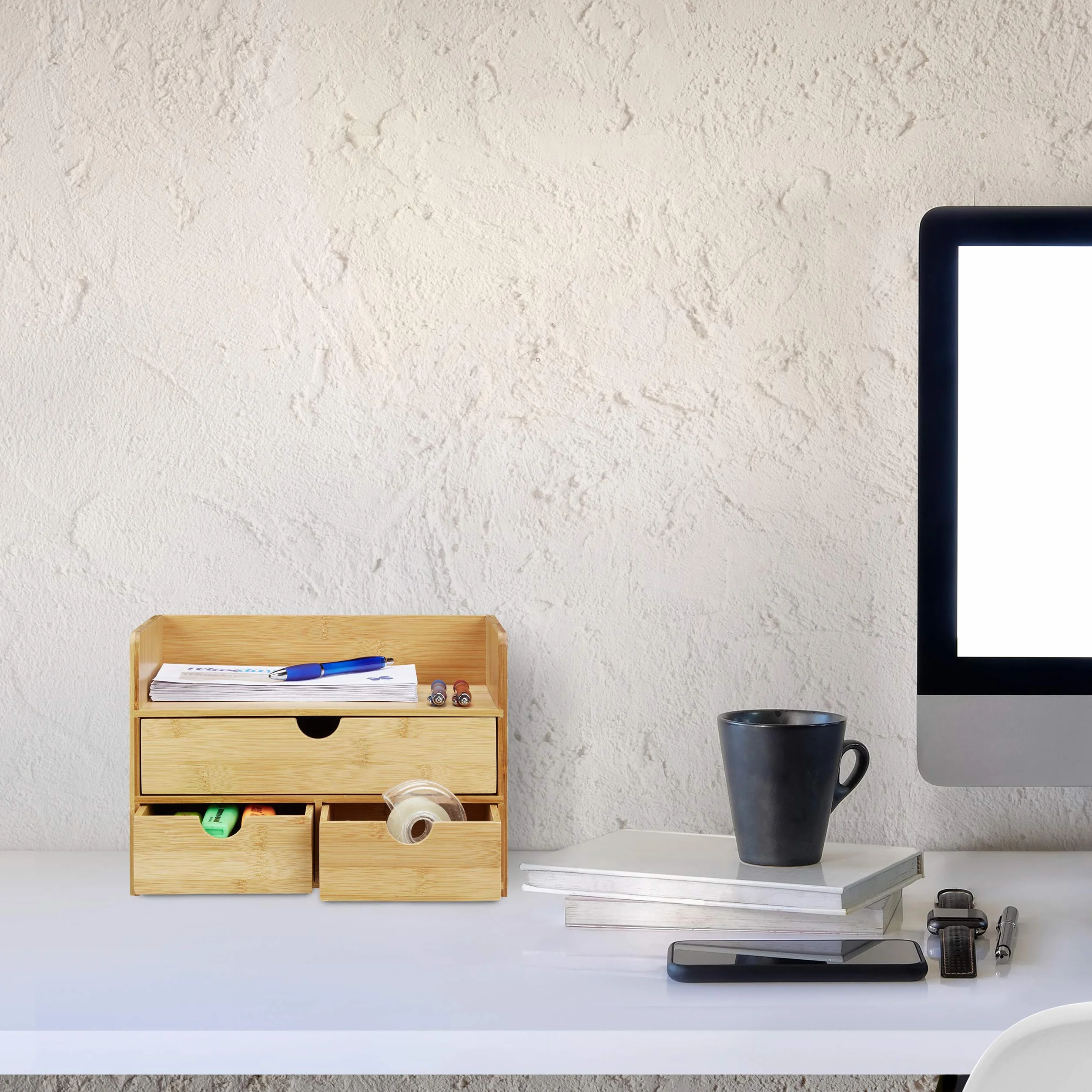 Relaxdays Organizer na biurko, bambusowa taca na listy, szuflada, system archiwizacji, naturalny