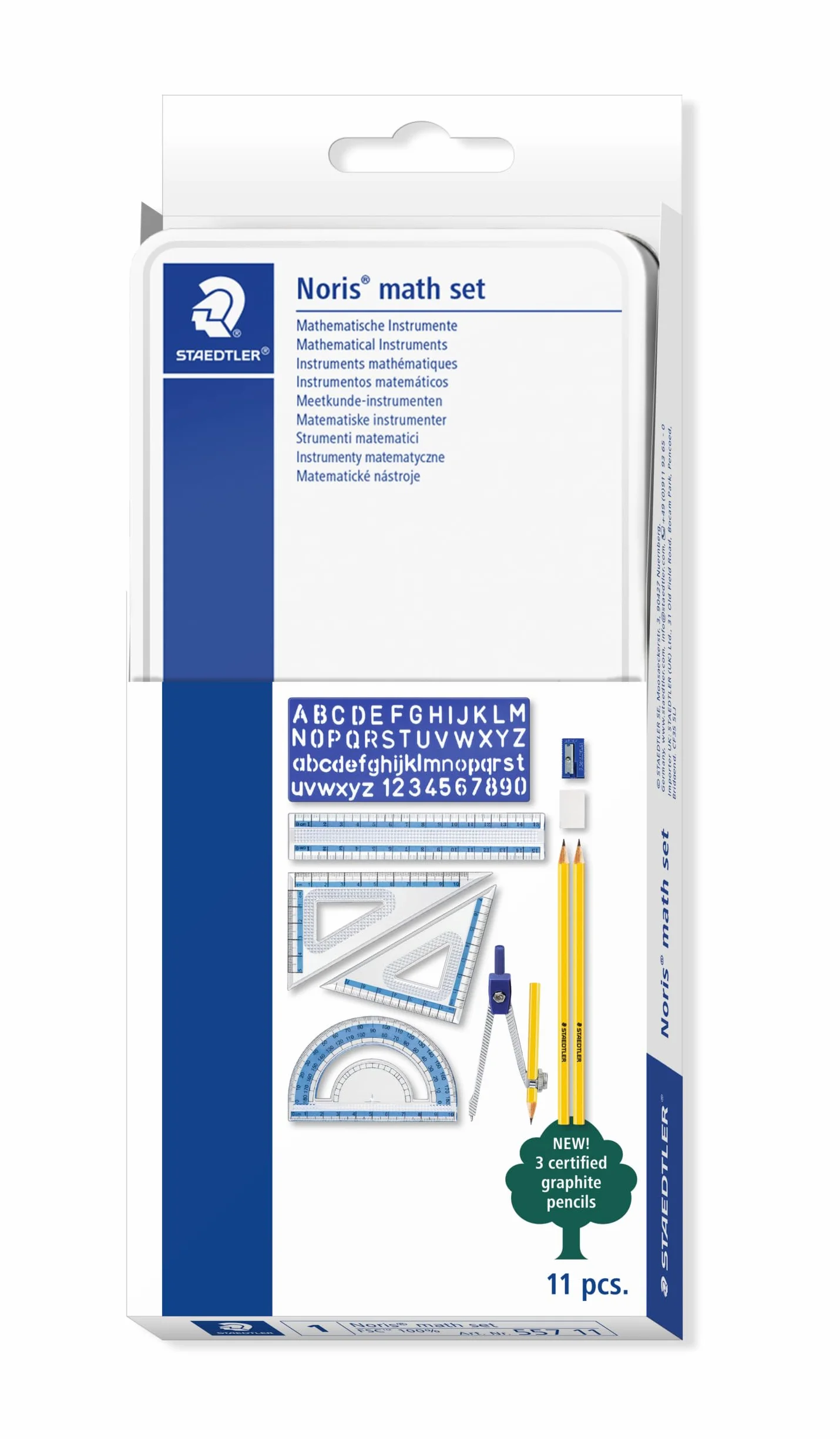 STAEDTLER® 557 11 zestaw geometryczny, 11-częściowy zestaw ze wszystkimi niezbędnymi produktami, wytrzymałe metalowe etui, 557 11