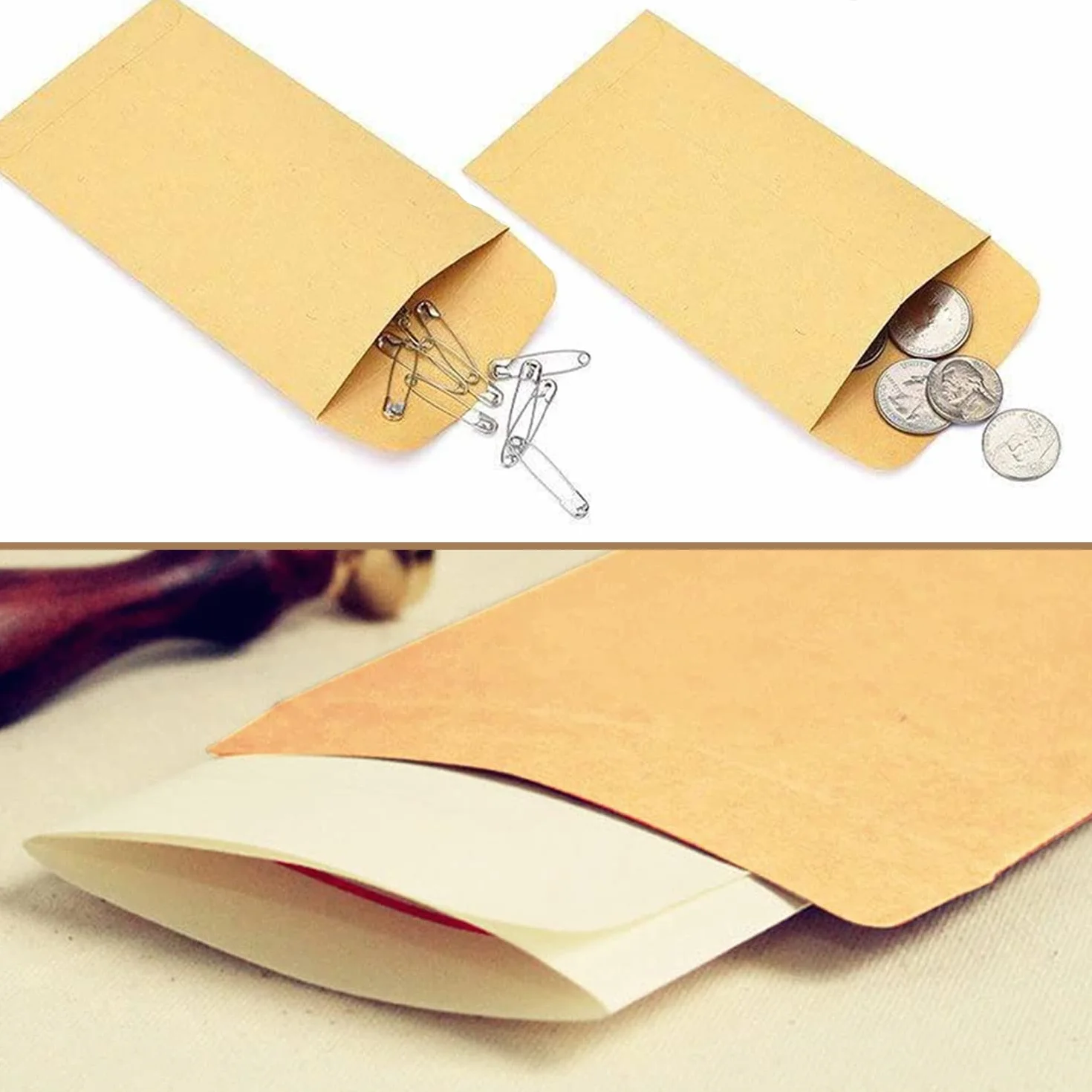 100 szt. Małe brązowe koperty, samoprzylepne koperty z nasionami Pakiety z nasionami Koperty na monety z papieru pakowego na płace, nasiona, monety, koraliki lub znaczki (10x6 cm/3,9x2,4 cala)