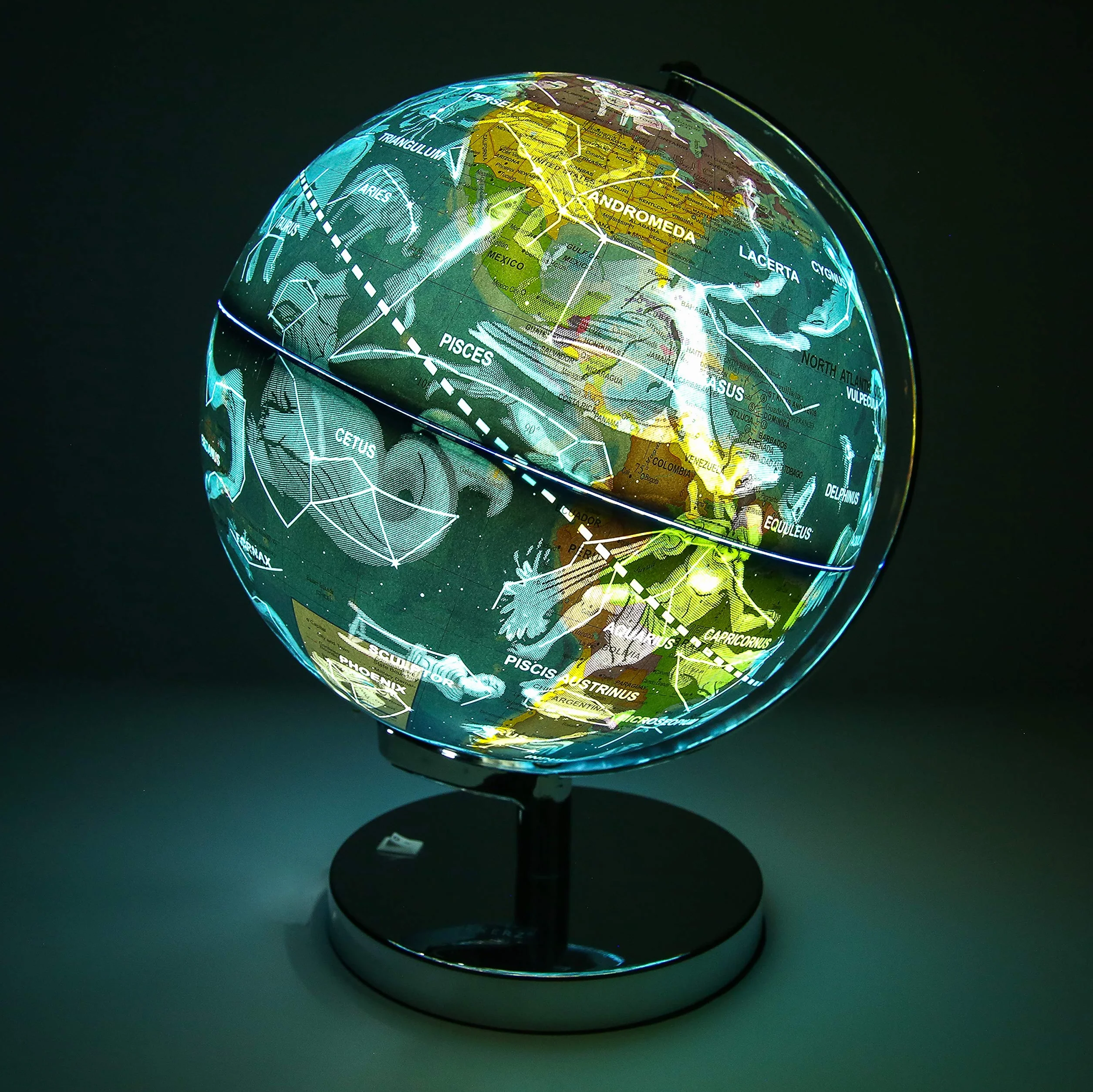Exerz Podświetlana kula światowa o średnicy 23 cm metalowa podstawa - 2 w 1 podświetlana lampa LED bez kabli - mapa polityczna/gwiazdy konstelacji - dzień i noc
