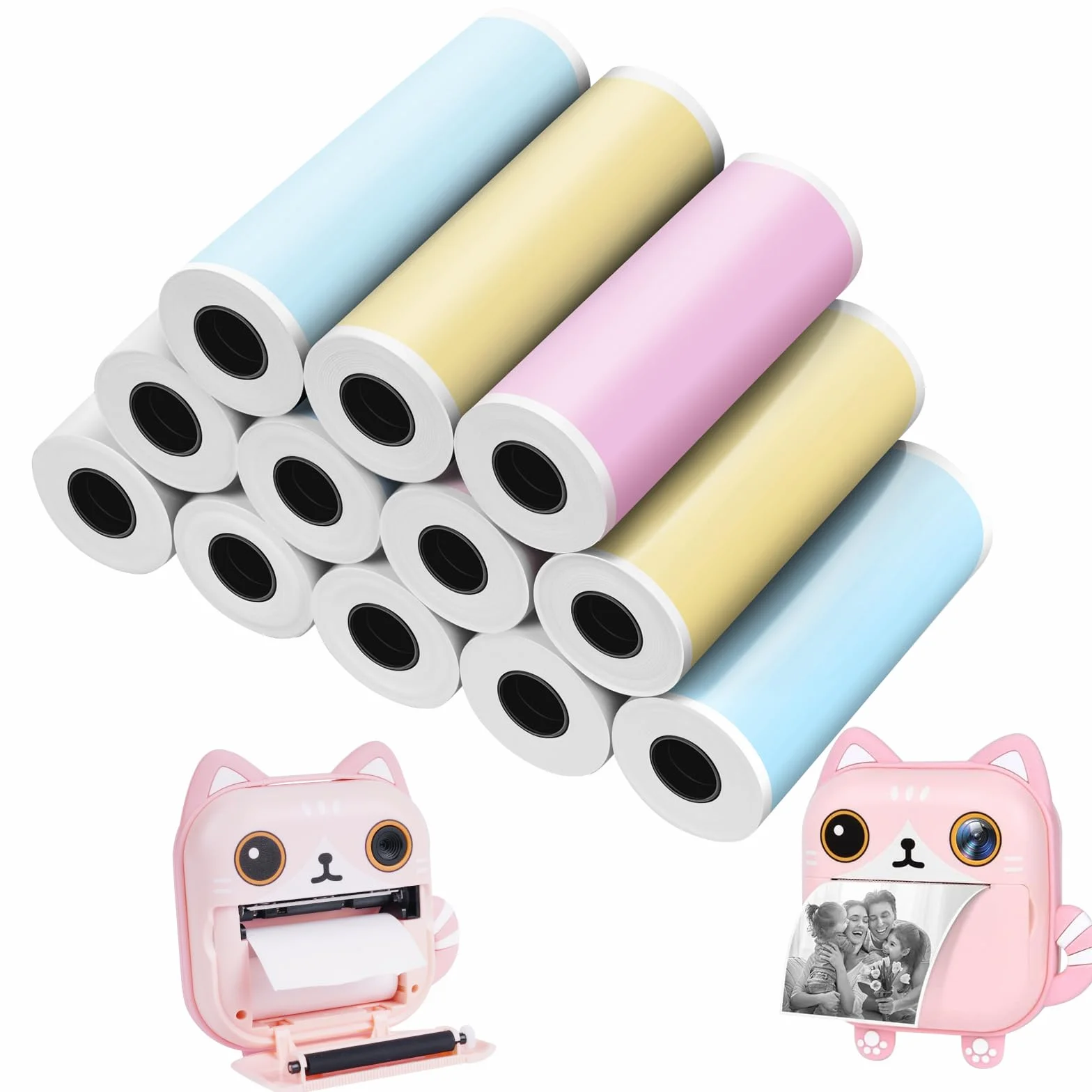 Ainiv 12 szt. kolorowych rolek papieru termicznego, 57 mm x 5 m, papier do drukowania aparatu, gładkie papiery bez BPA, samoprzylepne, akcesoria do aparatów błyskawicznych, papier do drukowania bez