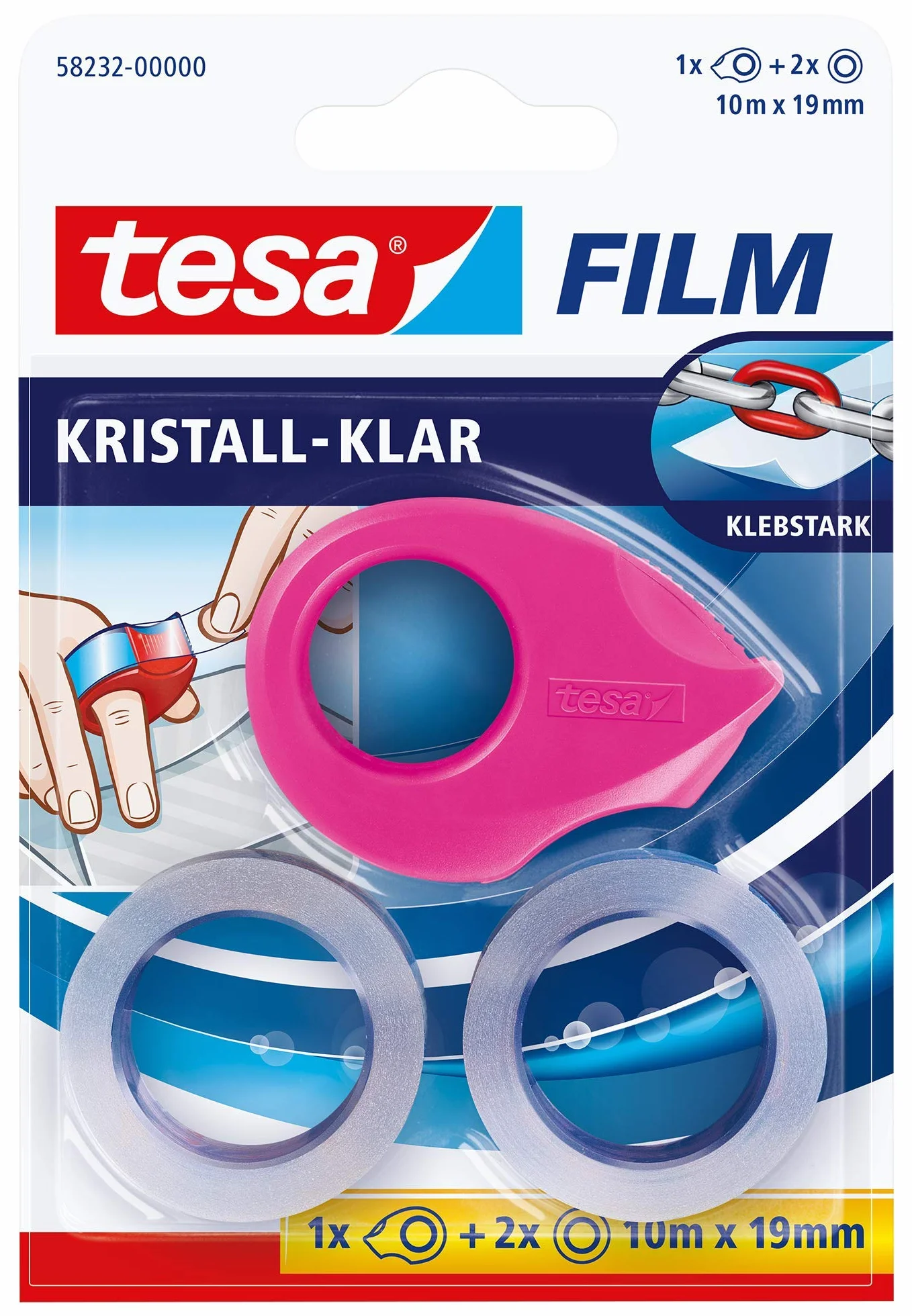 tesa tesafilm Mini dozownik różowy, niebieski lub biały z 2 x kryształowymi przezroczystymi kółkami, 10 m: 19 mm