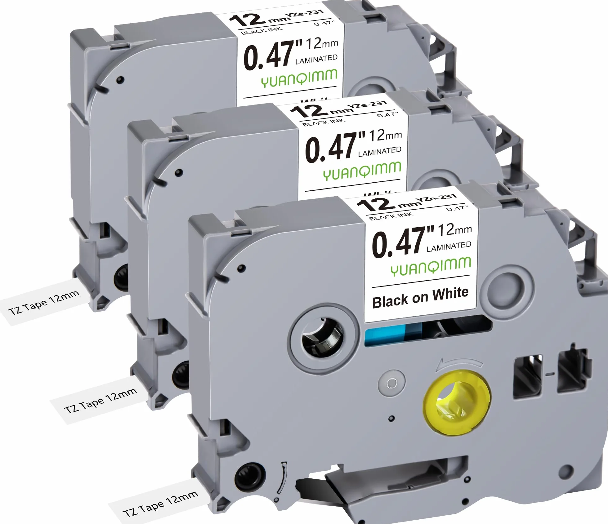 3x Yuanqimm Compatible Brother P-touch Label Tape 12mm for Brother TZe231 TZe-231 TZ231 TZ-231 Black on White Tape for Ptouch PT-D400 PT-H100LB PT-H105 PT-D200 PT-1000 PT-H110 PT-H101 PT-H107B PT-D210