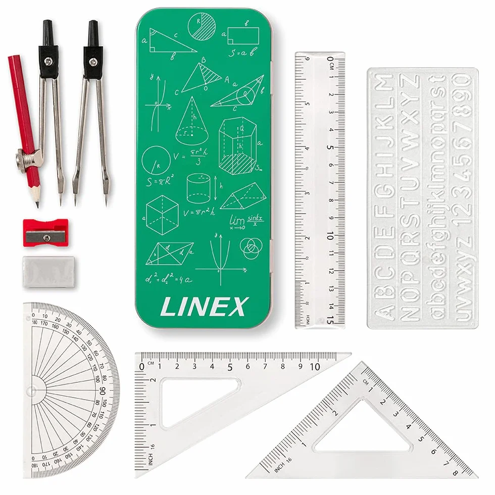 Linex Zestaw do matematyki dla studentów, zestaw geometryczny w puszce, 10 sztuk, kompas, kątomierz