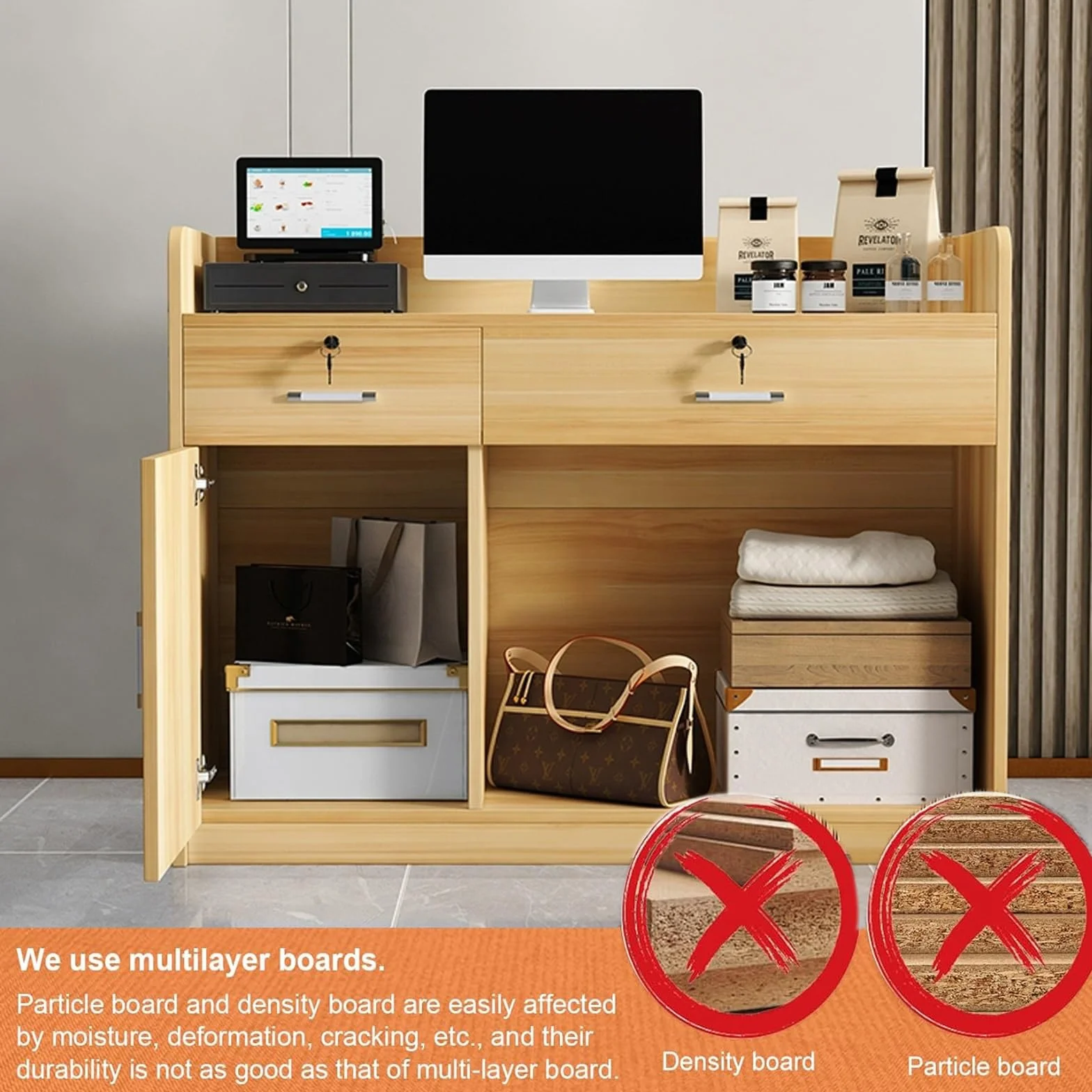 Reception Desk with Lockable Drawers, Cable Management Holes, Front Desk for Salon Office, 120cm