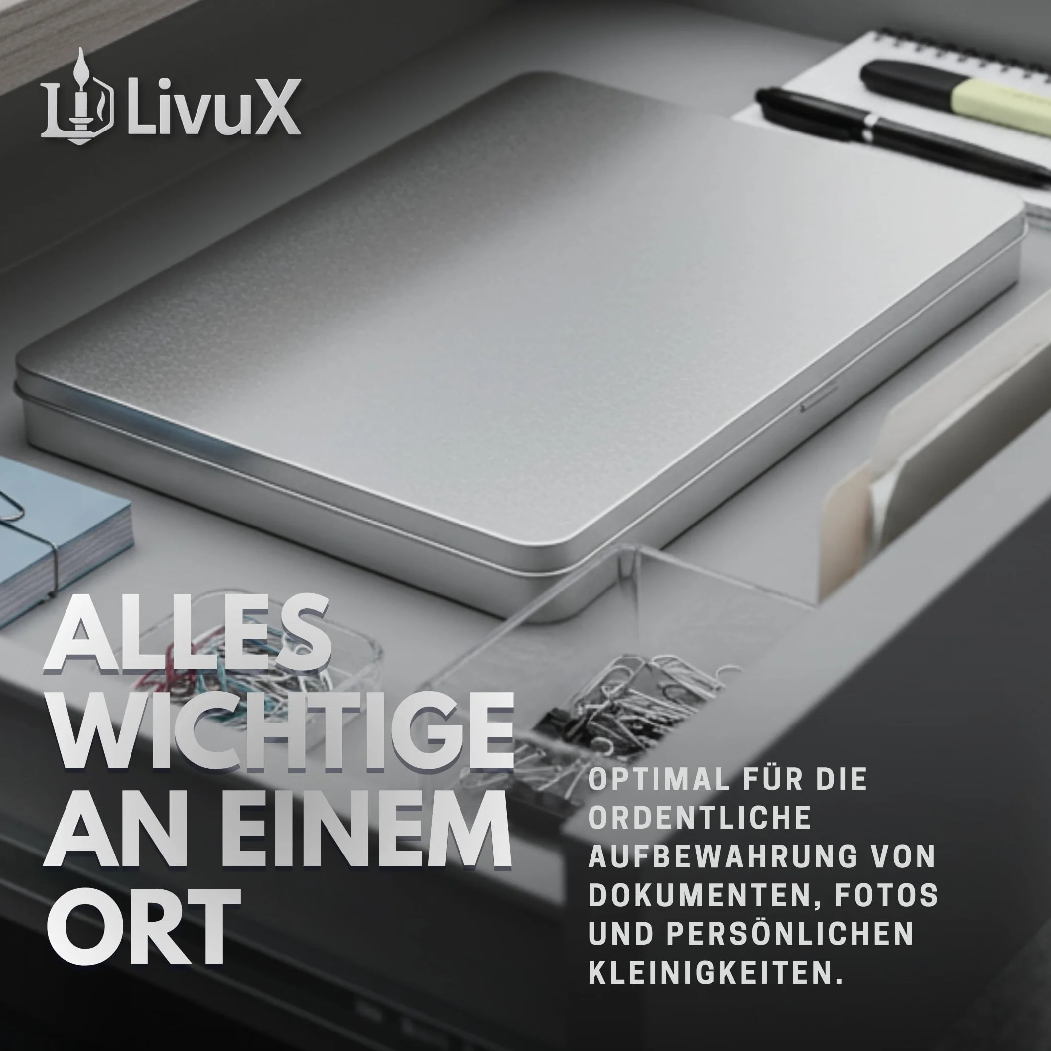 LivuX Pudełko na dokumenty DIN A4, 31 x 22 x 2,25 cm, 0,367 kg, prostokątne pudełko do przechowywania z pokrywką, do biura, domowego biura i archiwum, metal premium
