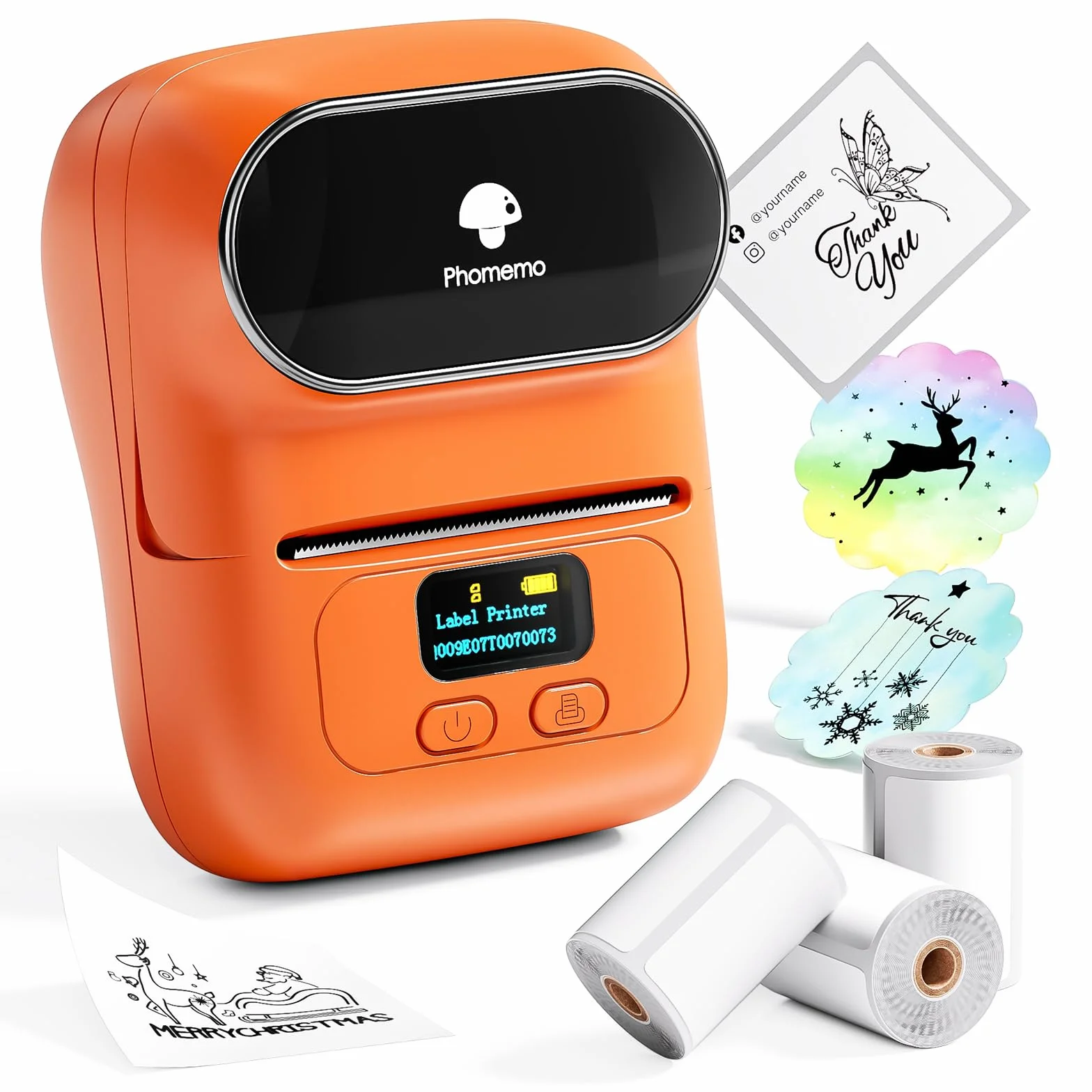 Phomemo M110 drukarka etykiet Bluetooth, przenośne urządzenie do etykiet, samoprzylepne, z 3 rolkami etykiet, do sprzedaży detalicznej, biura i małych firm, kolor pomarańczowy