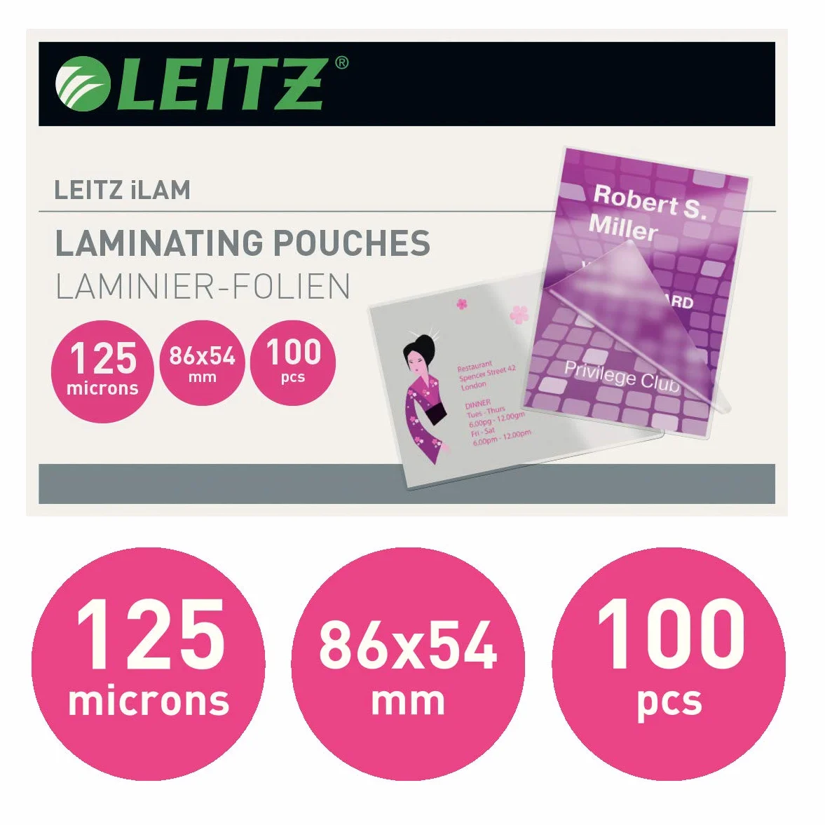 Leitz, Folia do Laminacji Leitz iLAM, Format Karty Kredytowej: 54 x 86 mm, Grubość: 125 mikronów, Przezroczysta, Błyszcząca, Opakowanie 100 Sztuk, 33810