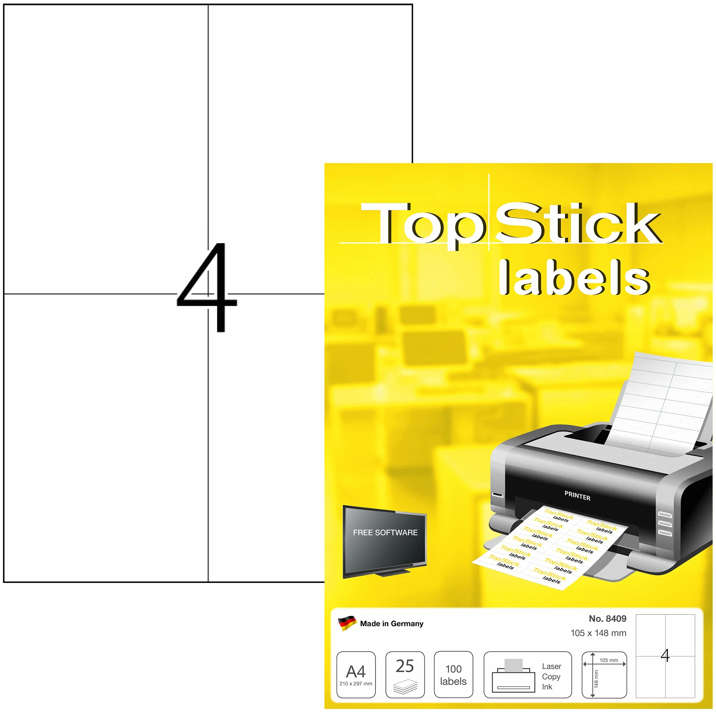 TopStick 8409 Uniwersalne etykiety, 25 arkuszy, 105 x 148 mm, 4 na arkusz A4, 100 sztuk, samoprzylepne, nadają się do zadrukowania, matowe, nieprzezroczyste naklejki samoprzylepne, białe
