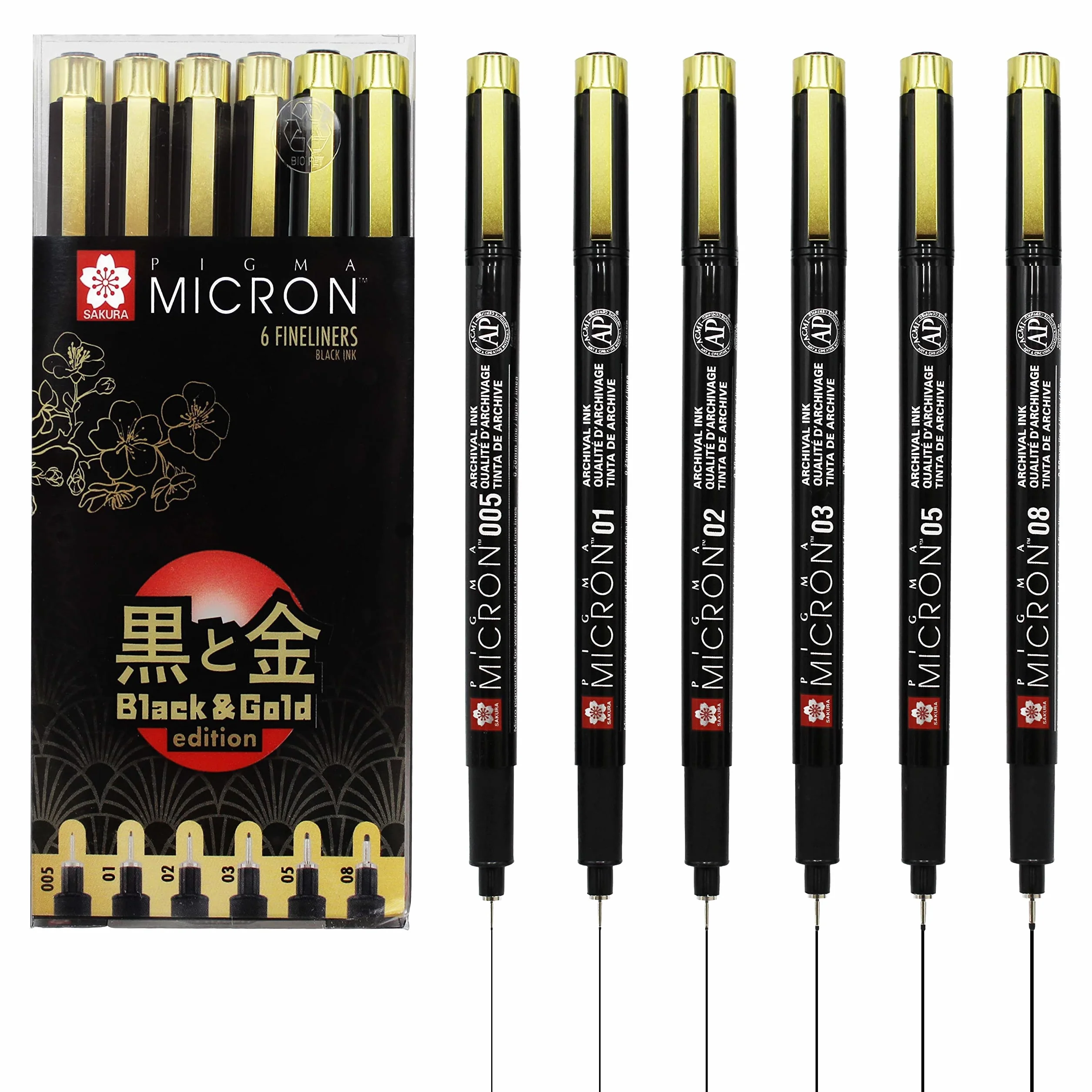 Sakura Pigma Micron Black & Gold Edition zestaw cienkopisów, 6 rozmiarów, czarny