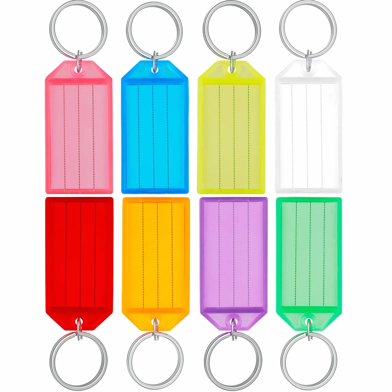 Uniclife 20 sztuk Przywieszki do kluczy 5 cm Plastikowe Przywieszki do łańcucha kluczy z przezroczystymi etykietami i dzielonymi pierścieniami, stabilne identyfikatory przedmiotów, 8 kolorów