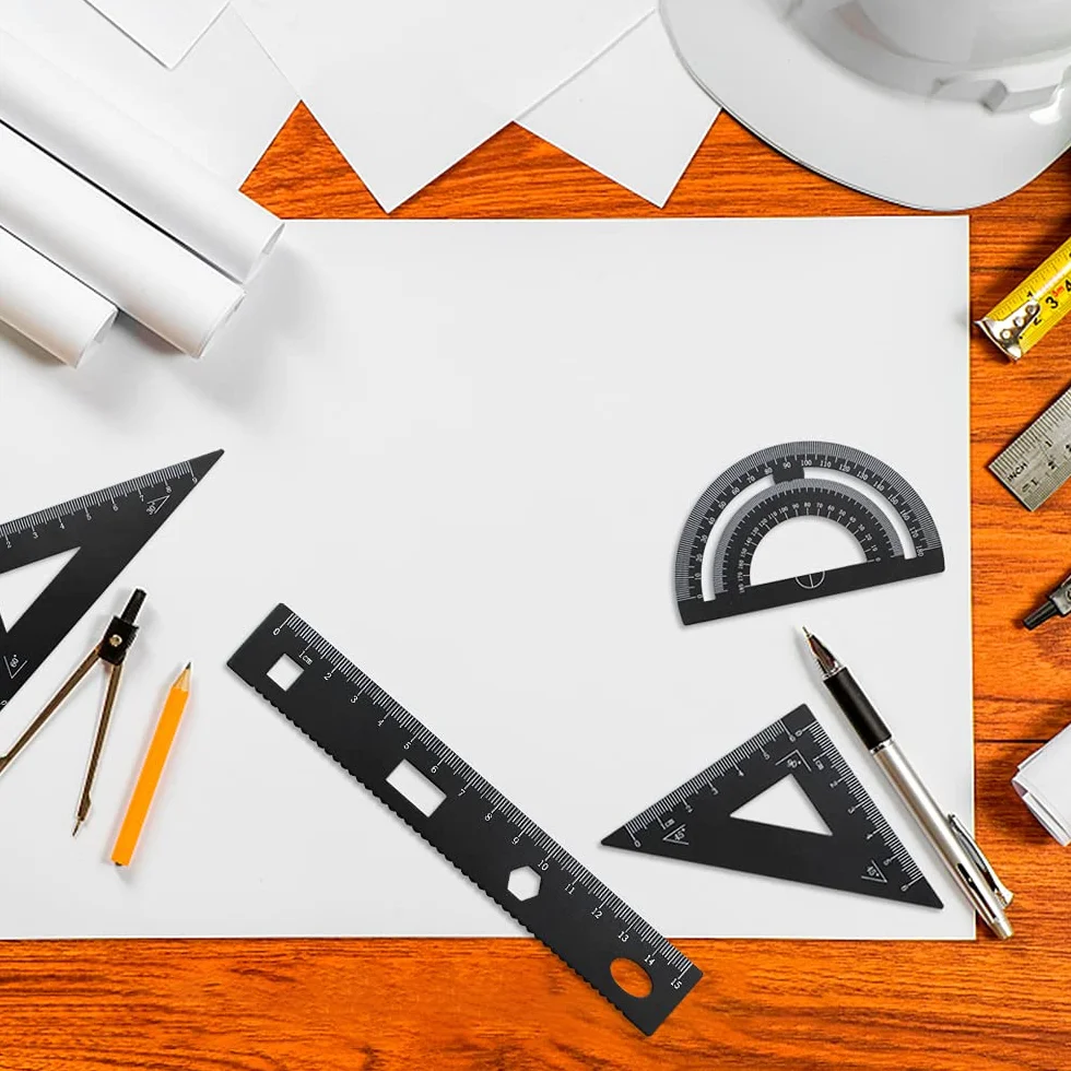 4-częściowy zestaw linijek ze stopu aluminium, linijka matematyczna, zestaw narzędzi geometrycznych, kątomierz, artykuły studenckie, 4 w jednym, pomiar dla nauczyciela, ucznia, rysowania i