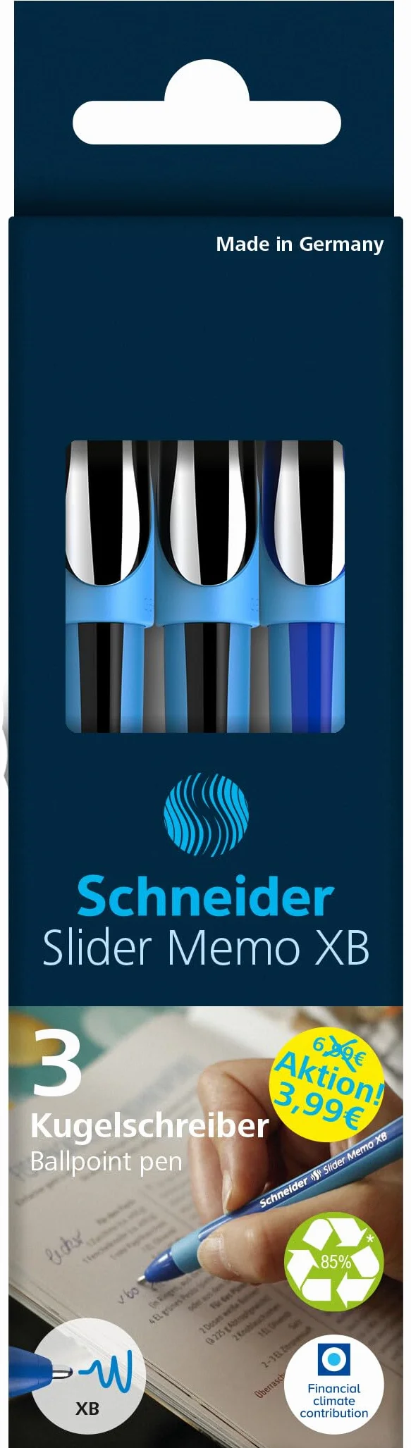 Schneider 150292 Slider Memo XB długopis (grubość kreski: XB, Made in Germany) 3 sztuki, 2 x czarny/1 x niebieski