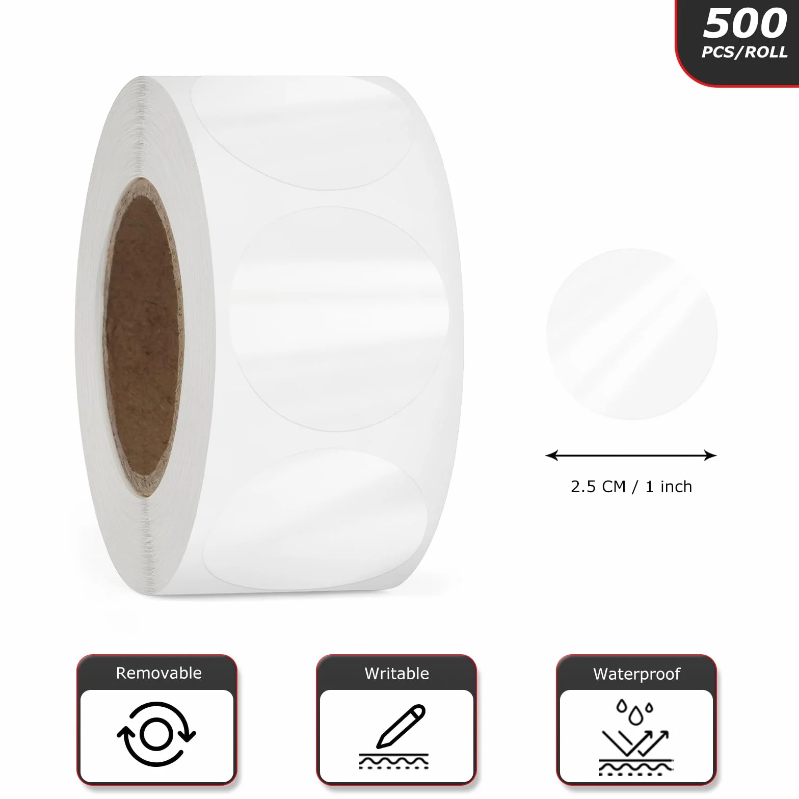Naklejki okrągłe przezroczyste 25 mm wodoodporne 500 sztuk