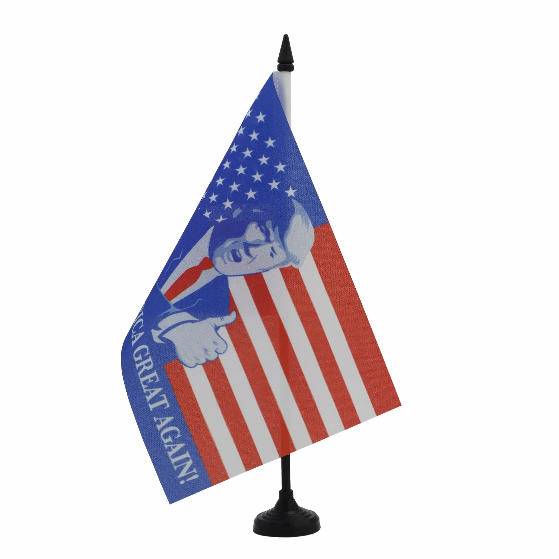 AZ FLAG - Flaga stołowa Donald Trump Prezydent 21x14 cm - Mała flaga Making America Great Again na biurko 100% poliester z 25 cm drążkiem i czarną plastikową podstawą