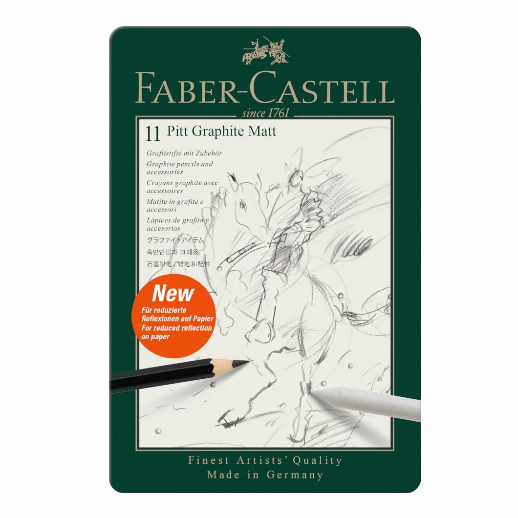FABER-CASTELL 115220 – zestaw ołówków Pitt Graphite Matt, 11 sztuk, w zestawie z gumką do papieru, gumką do mazania i temperówką