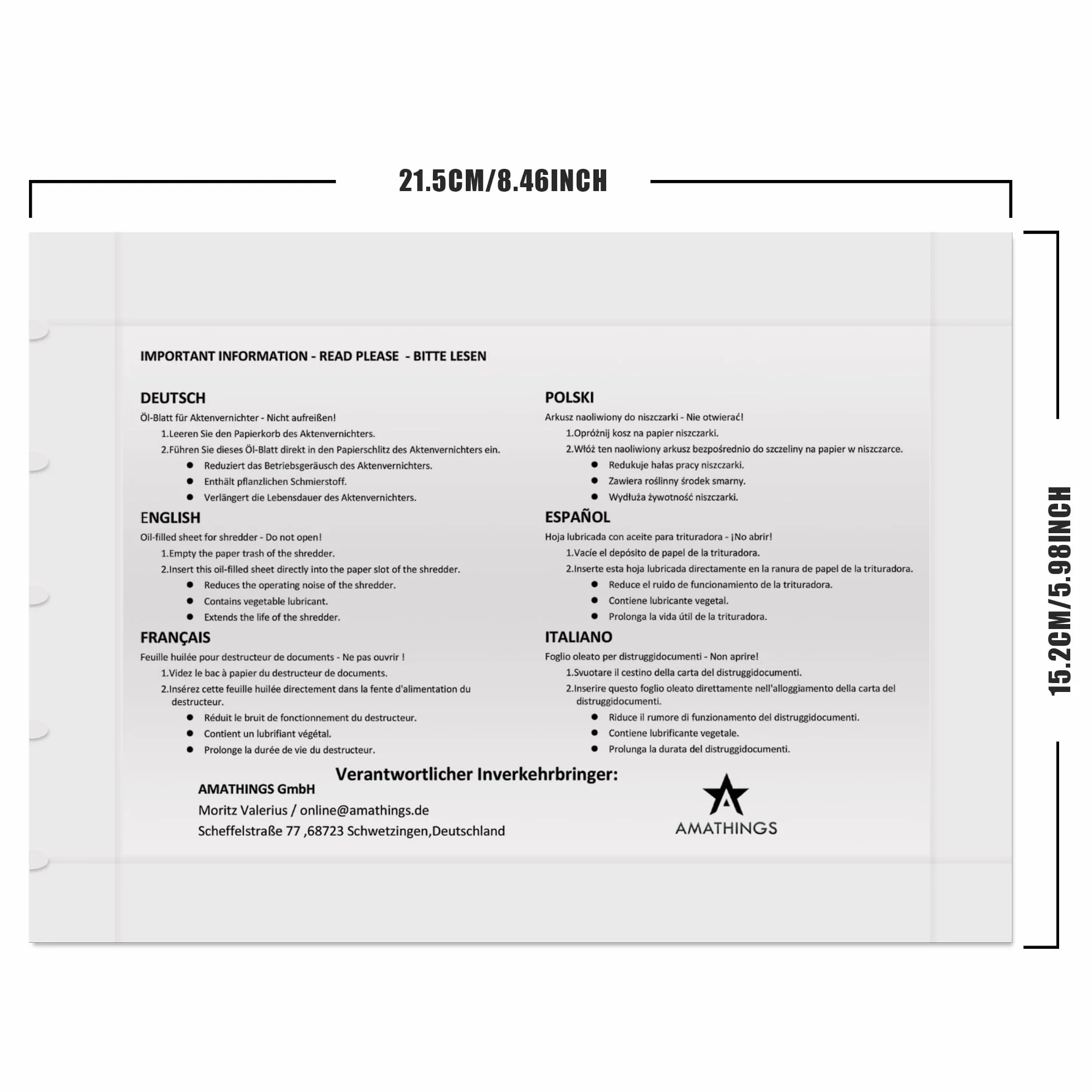 AMATHINGS Papier olejowy do niszczarki pasujący do DIN A4 – arkusze smarowe dla dokumentów, dostępne w opakowaniu 15 szt.