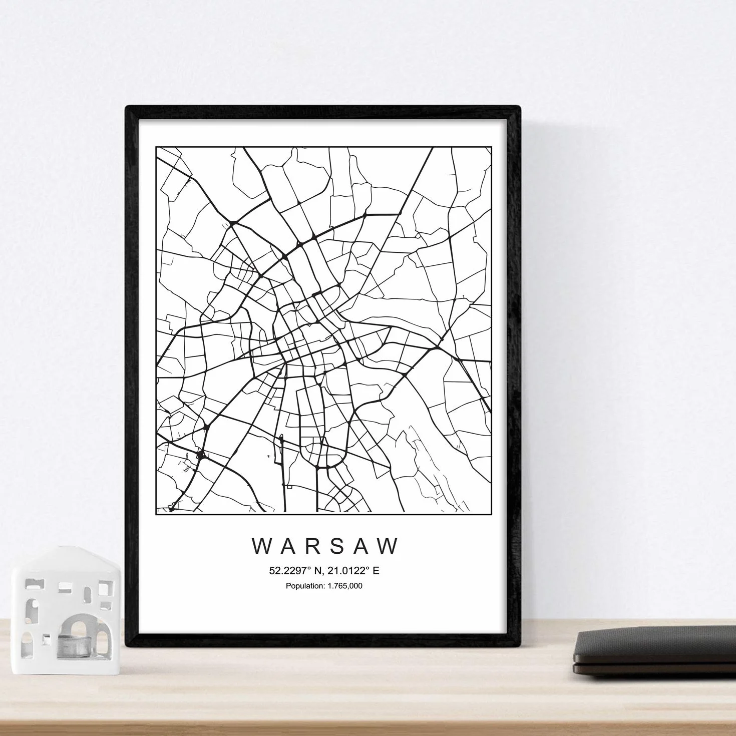 Plakat z nadrukiem mapy Warszawy A3 w stylu skandynawskim czarno-biały 250g papier plakatowy