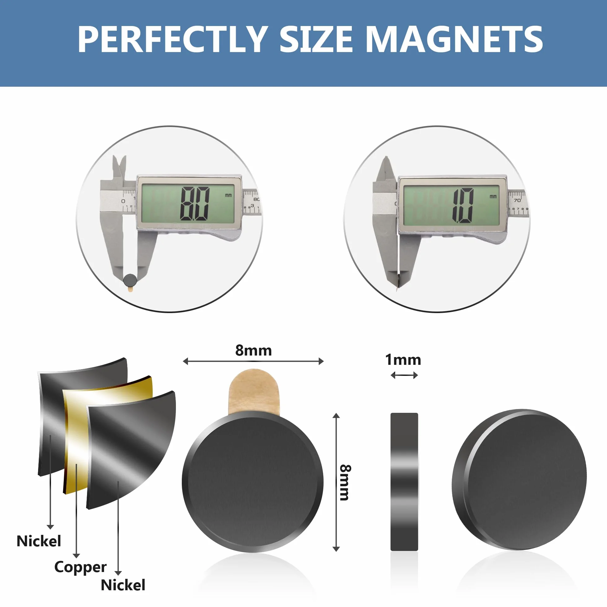 UTOMAG Samoprzylepnych Magnesów Mocne - 8x1mm, czarny Wielofunkcyjne Silne Magnesy Neodymowe do Użytku w Parach, Idealne do Lodówek, Tablic Magnetycznych, Zdjęć, Rękodzieła (100 Sztuk)