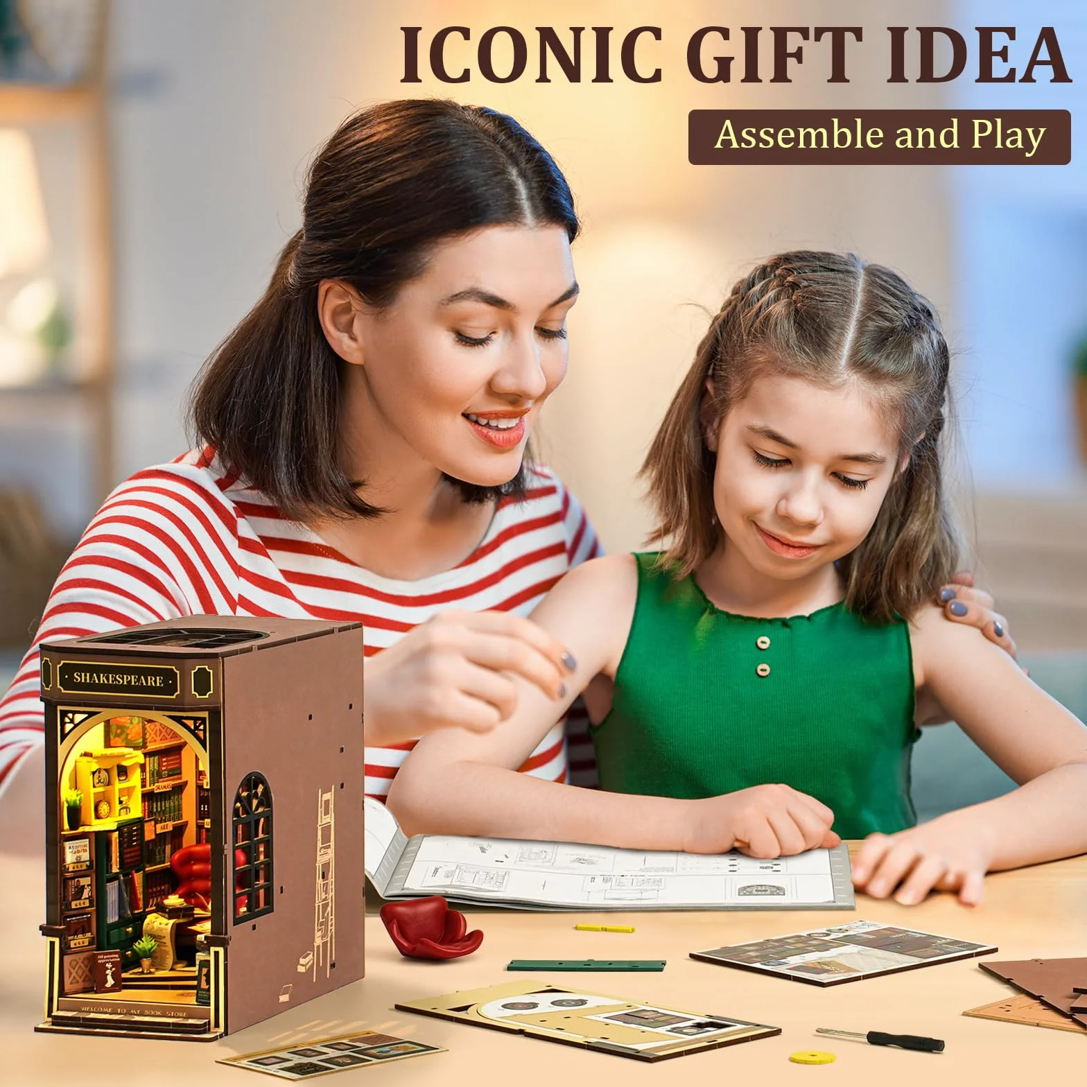 ROBOTIME Zestaw dla dorosłych z oświetleniem LED, księgarnia, 3D, drewniane puzzle, zestaw do domu dla lalek, dekoracja regału, prezent na Boże Narodzenie, prezent urodzinowy