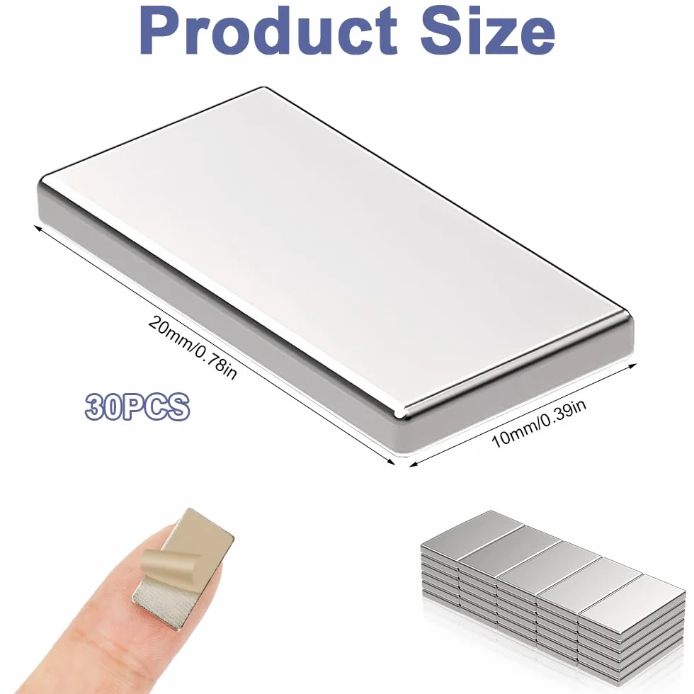 30 sztuk samoprzylepnych magnesów neodymowych, 20 x 10 x 1 mm, płaski, silny magnes prostokątny, małe prostokątne magnesy samoprzylepne, mini kwadratowe magnesy do białych tablic, lodówek, tablic