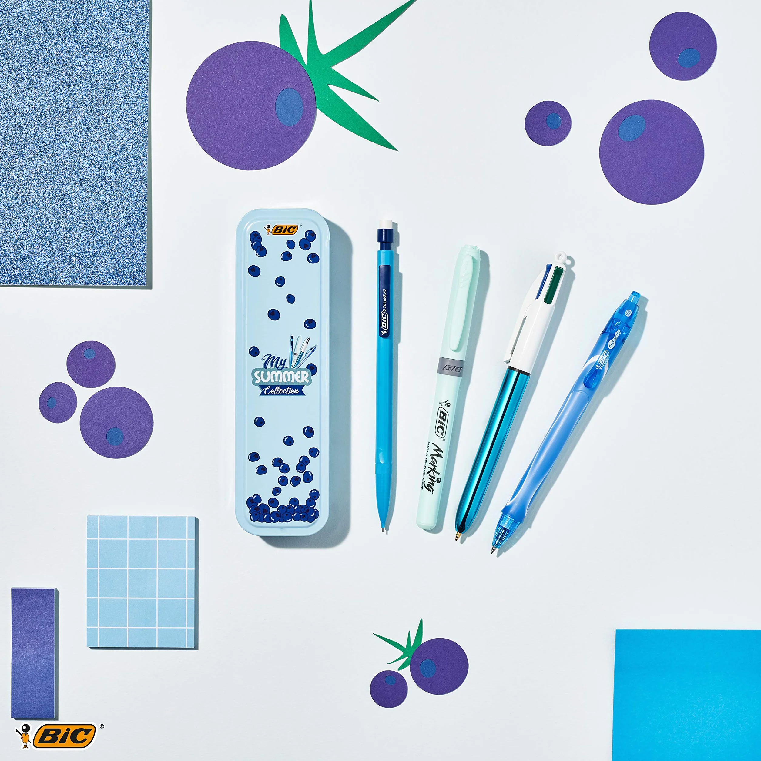 BIC Summer Blue Box: Długopis żelowy (0,7 mm), ołówek mechaniczny, długopis 4 kolory (1,00 mm), zakreślacz - niebieski, zestaw 4 szt
