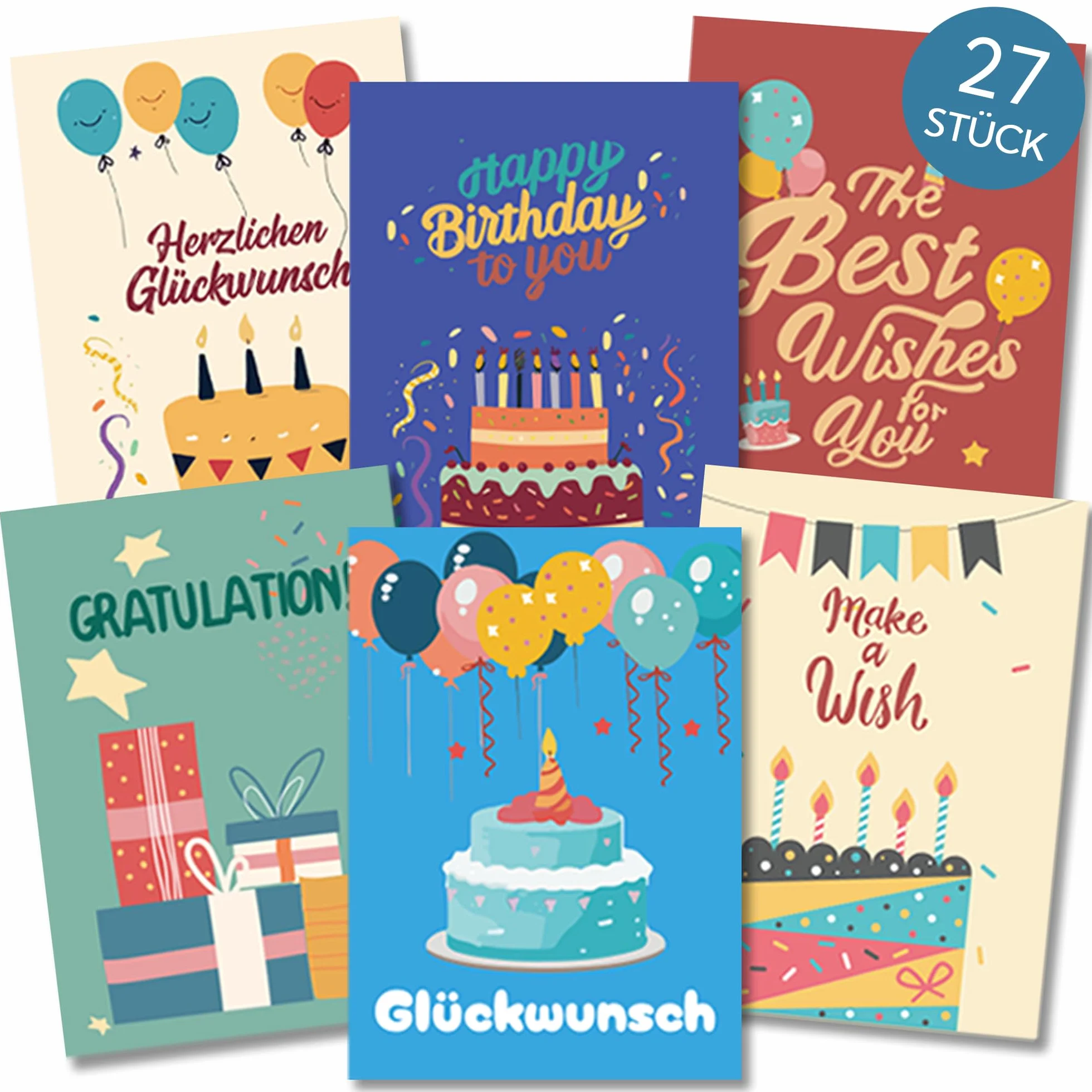 BIROYAL Zestaw 27 kartek urodzinowych z kopertą dla dzieci Happy Birthday