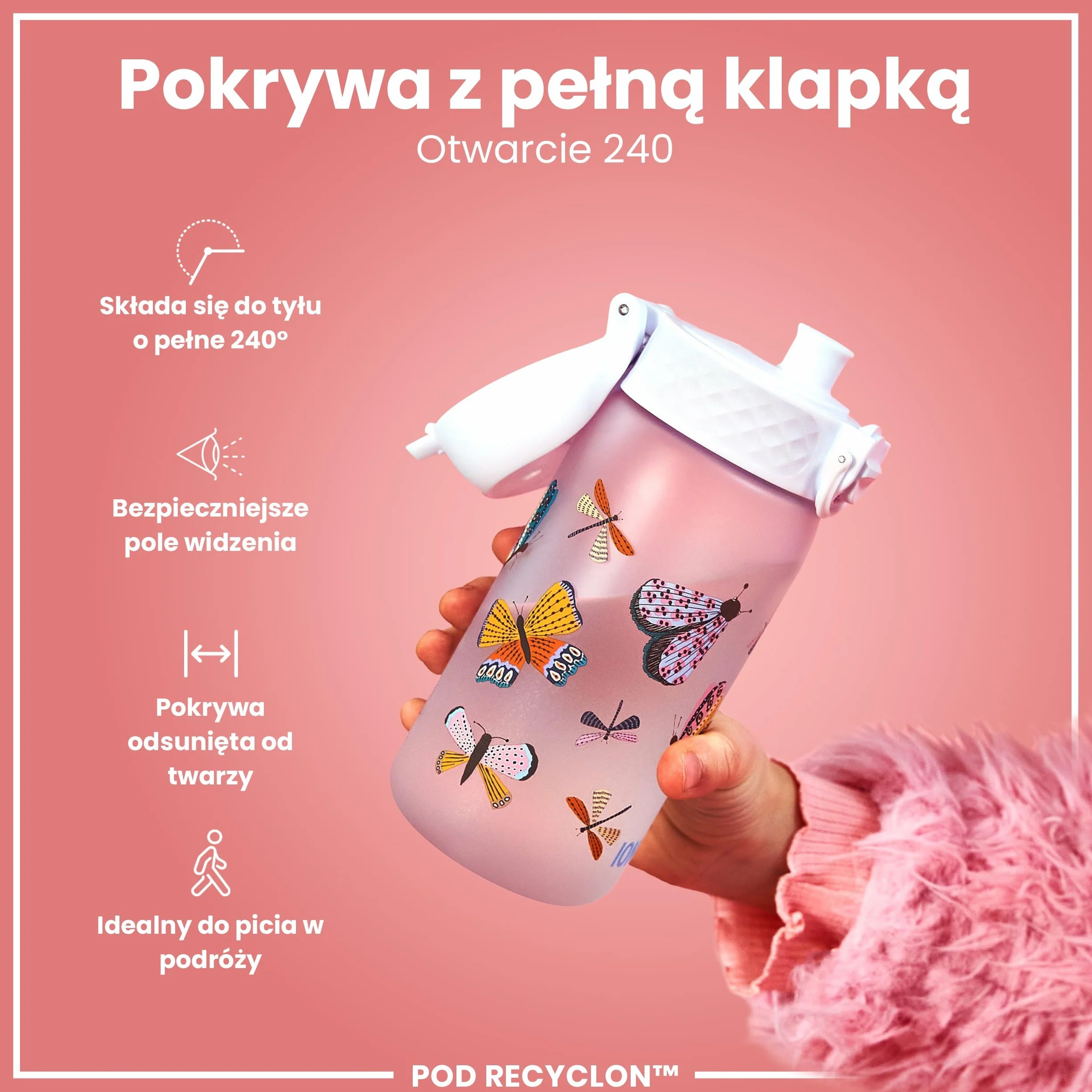 ION8 Butelka dla Dzieci 350 ml Szczelna Bez BPA Można Myć w Zmywarce Wzór Motyle