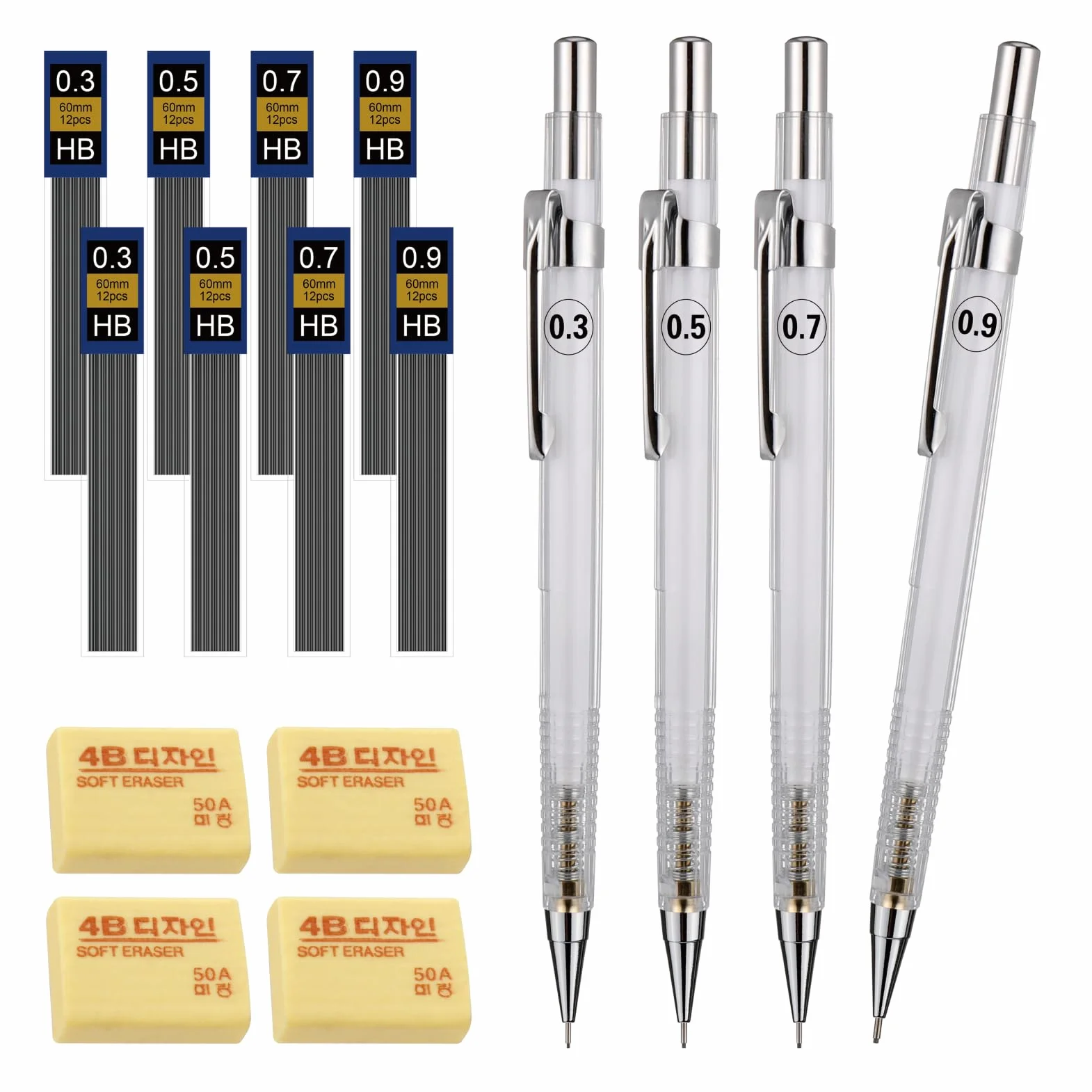 JIANTA Zestaw ołówków mechanicznych, 4 szt. ołówków automatycznych HB 0,3 0,5 0,7 0,9 mm, ołówek napędowy sprzęgła z 8 wkładami rurowymi i 4 gumkami do pisania szkicowania