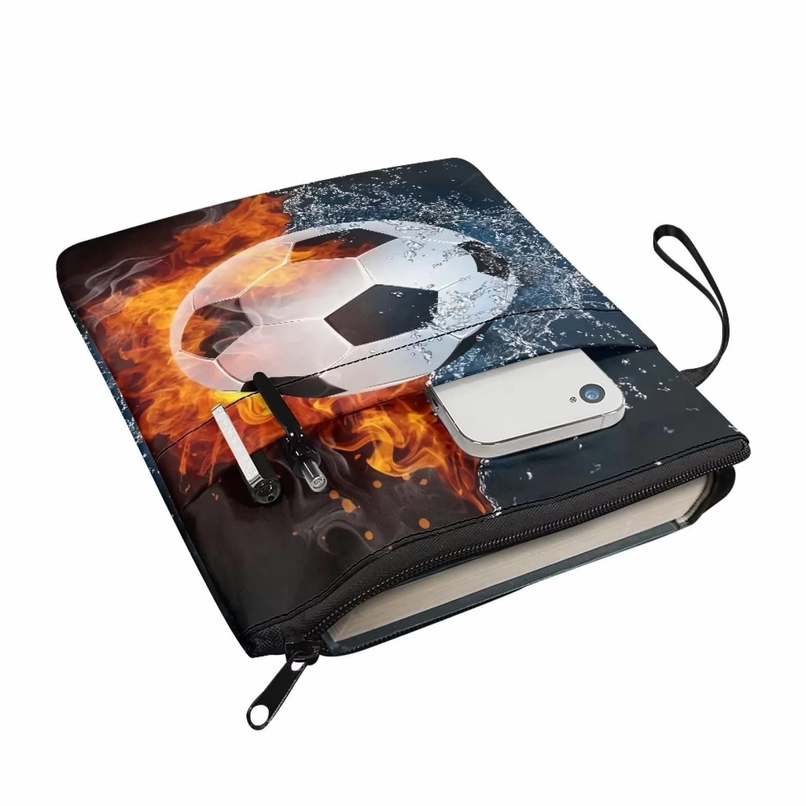 Poceacles Soccer Water Fire Design etui na książki na okładki w miękkiej okładce, etui ochronne na książki z zamkiem błyskawicznym, nadające się do prania rękawy z tkaniny poliestrowej