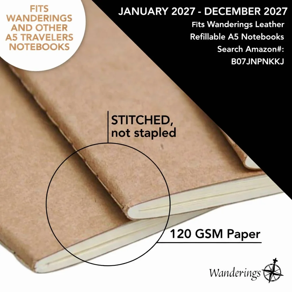 Wkłady Uzupełniające do Kalendarza A5 Traveler's Notebook 2027, 14,2 x 21 cm, Styczeń-Grudzień 2027