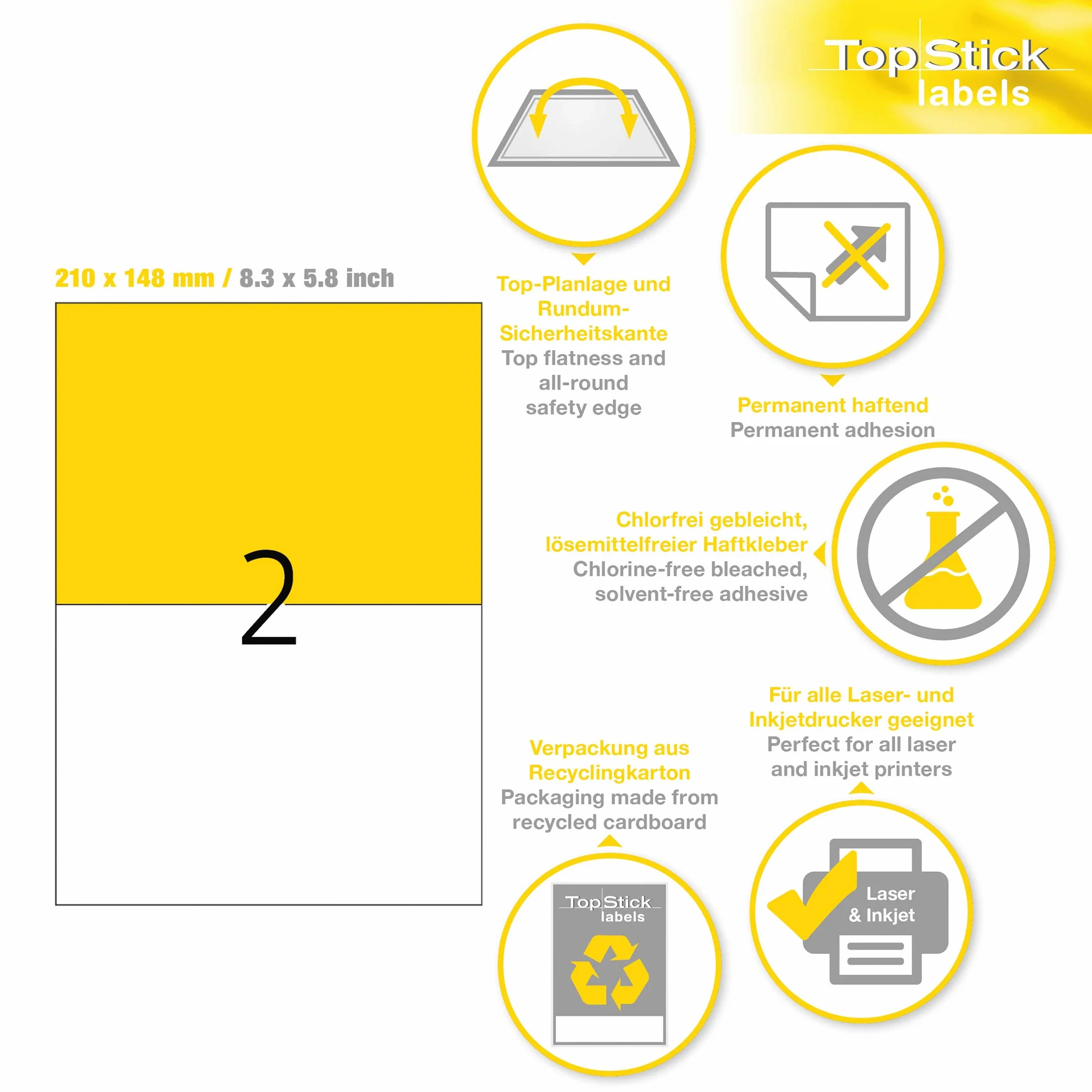TopStick Samoprzylepne etykiety wielofunkcyjne, 2 etykiety na arkusz A4, 100 arkuszy, 210 x 148 mm, 200 etykiet, puste uniwersalne etykiety, samoprzylepne etykiety do drukarek laserowych i
