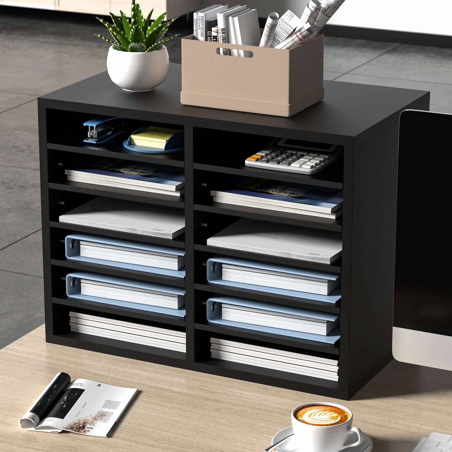 VEVOR Drewniany Organizator Literatury Płyta wiórowa Półka do przechowywania dokumentów 12 przegródek 52x30,5x41 cm Klasyfikator literatury z regulowanymi półkami biurowymi, Czarny